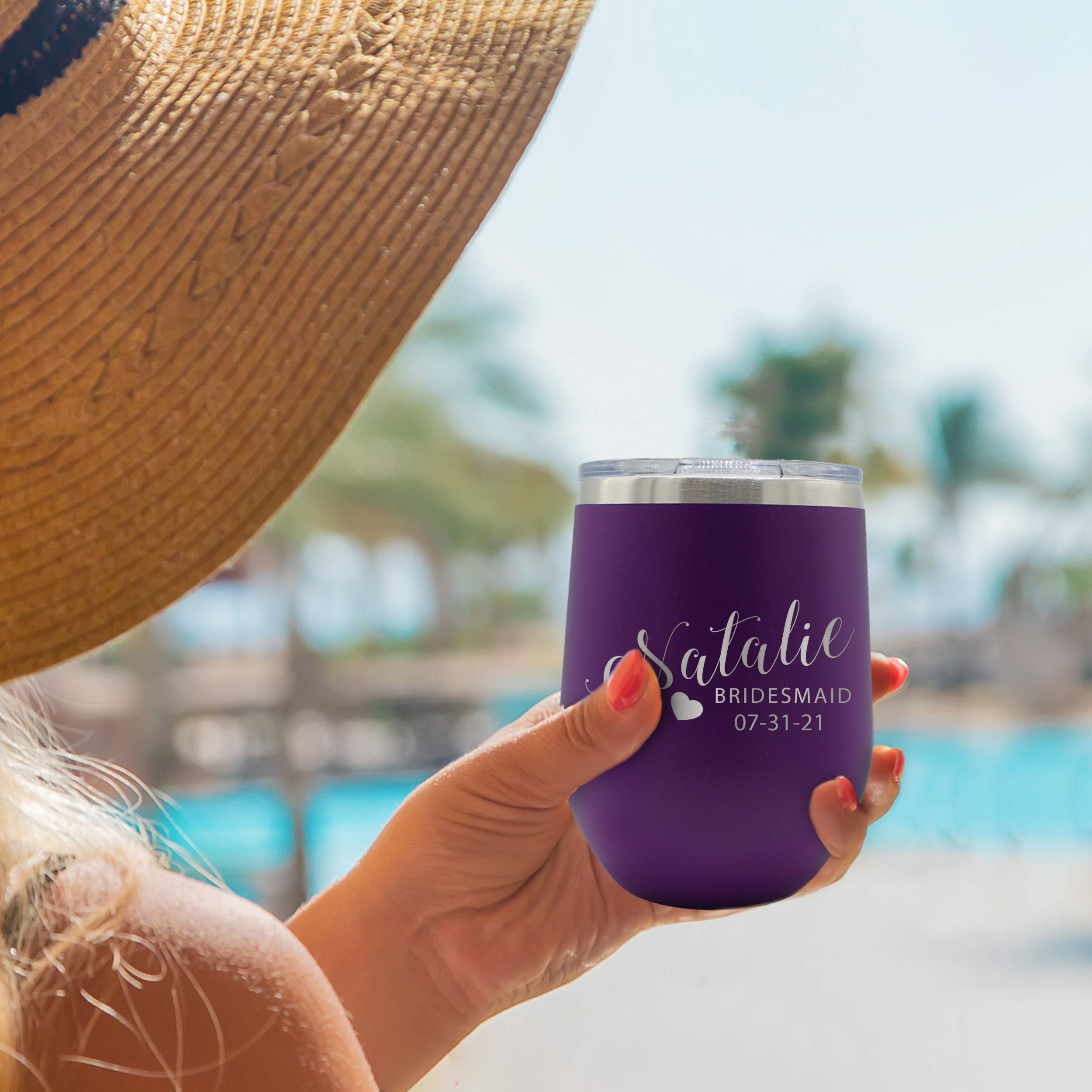 Personalized Bridesmaid Wine Tumbler - Custom Monogrammed & Engraved Insulated Cup for Bachelorette Party, Wedding Gift - Keeps Drinks Cold for Hours - Perfect for Bridal Showers, Rehearsal Dinners & Girls' Night Out (Purple)