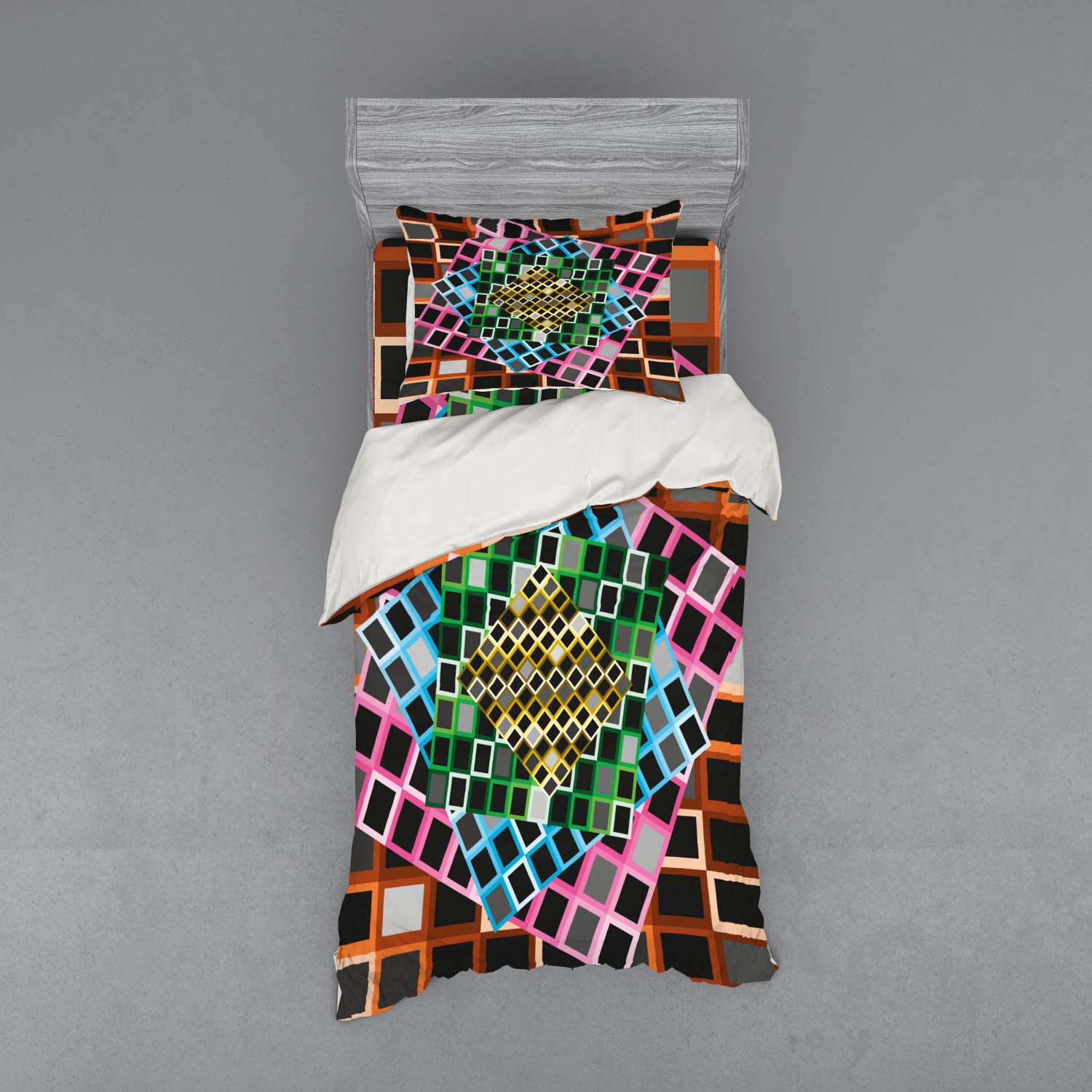 Ambesonne Geometric Bedding Set - Colorful Abstract Square Design Modern Duvet Cover 3-Piece Set with Pillow Sham & Fitted Sheet, Twin Size, Multicolor | Contemporary Bedroom Decor for Teens & Adults