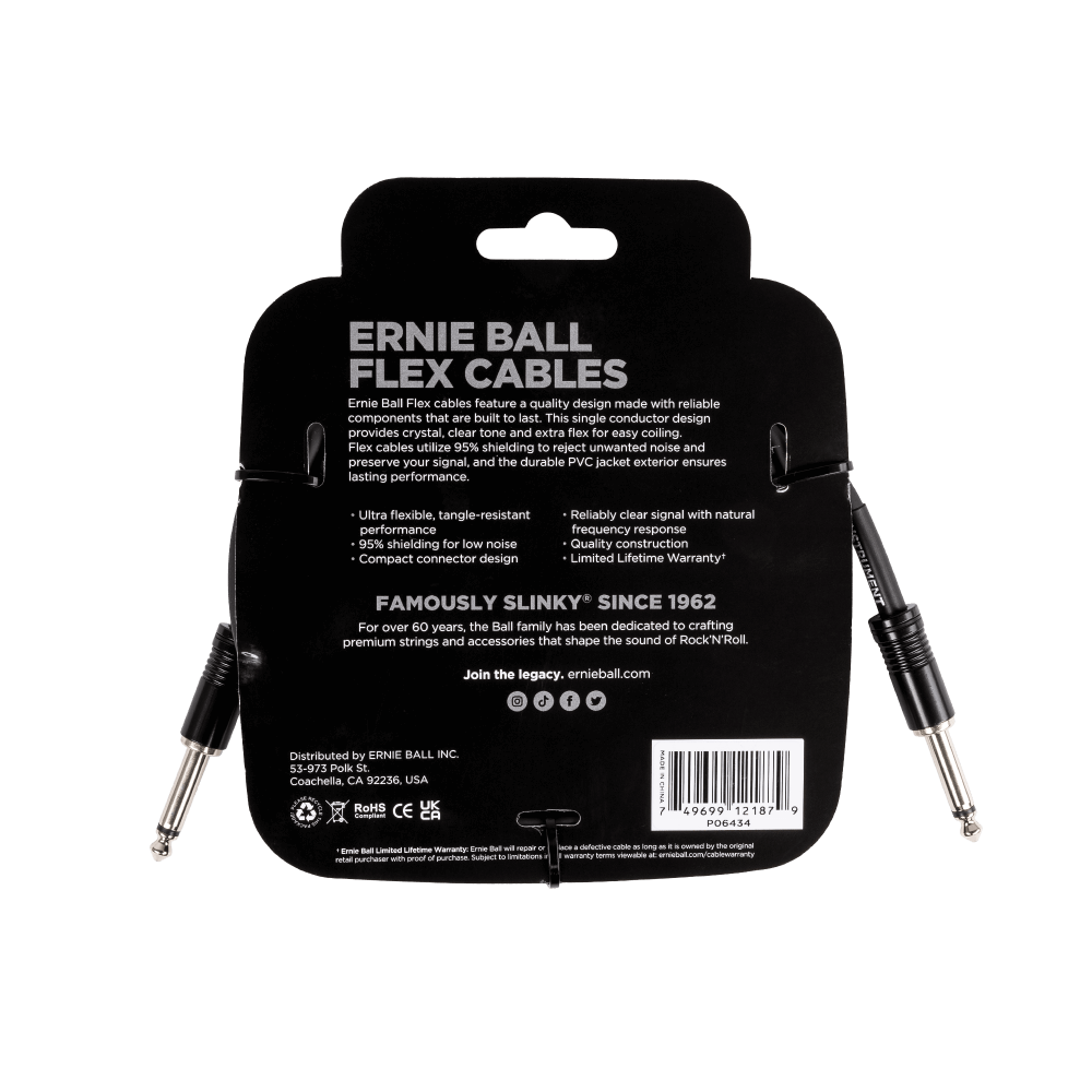 Ernie Ball 10ft Flex Instrument Cable - Straight to Straight Black - High-Quality Guitar & Bass Cable for Live Performances & Studio Recording