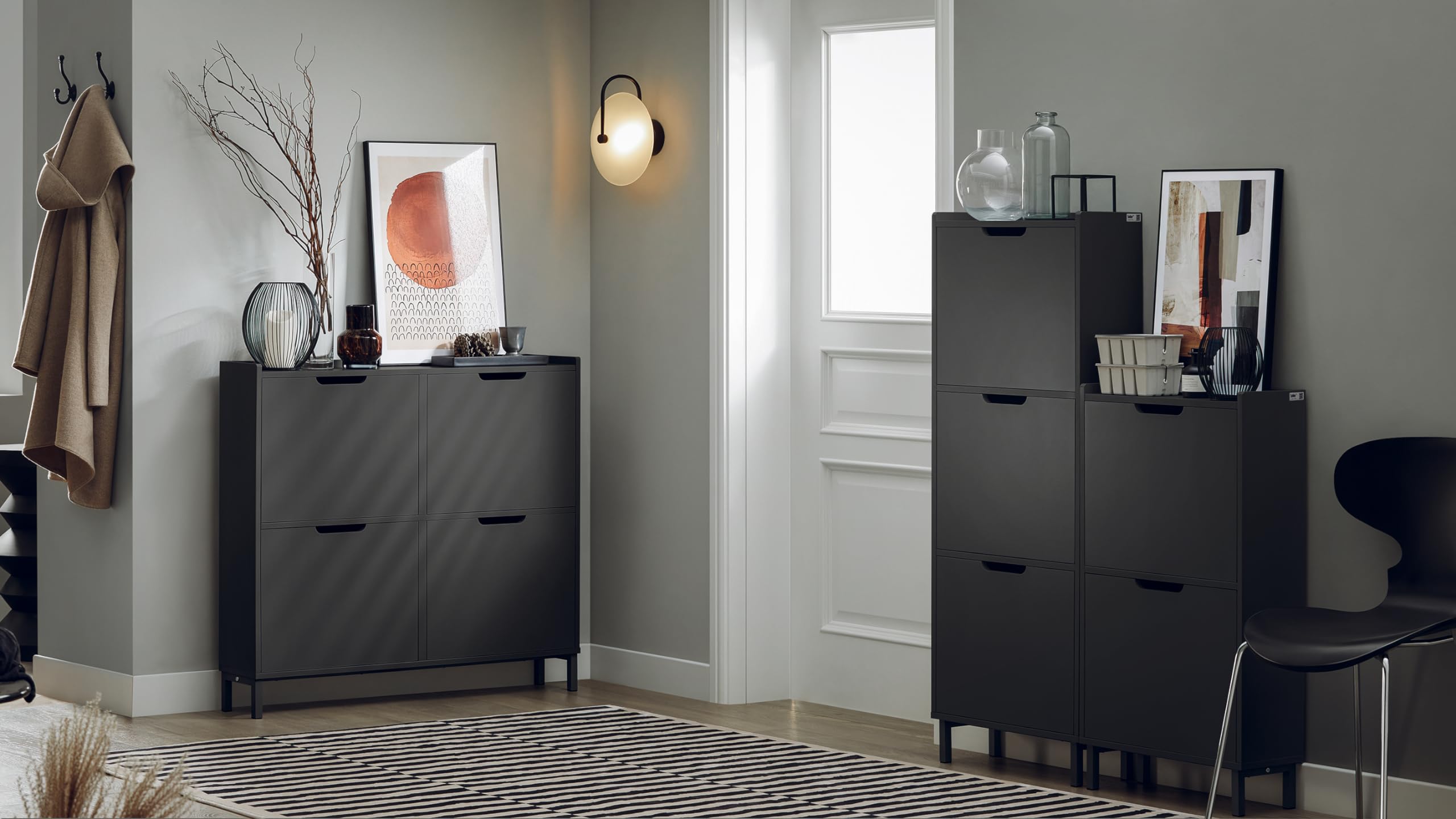 Haotian Black Shoe Cabinet with 2 Flip-Drawers - Narrow Freestanding Shoe Rack & Slim Shoe Organizer for Entryway, Hallway or Closet - Hidden Storage Cupboard (Model FSR151-SCH) - Perfect for Small Spaces & Apartment Living