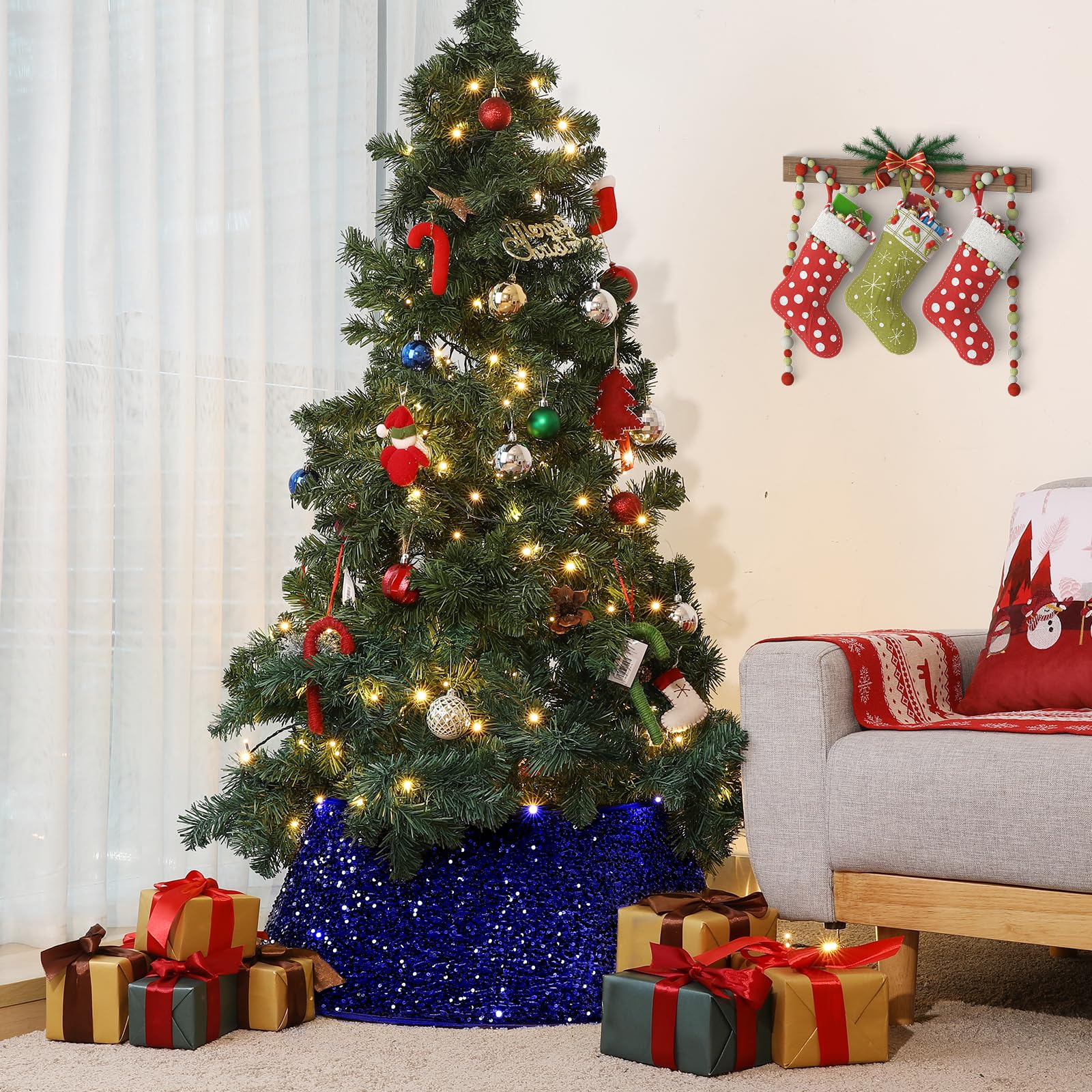 26 Inch Christmas Tree Collar with Sequin - Large Xmas Tree Stand Base Cover, Foldable Holiday Decor for Home & Party (Blue) | Perfect for Living Room, Office & Christmas Party Decoration