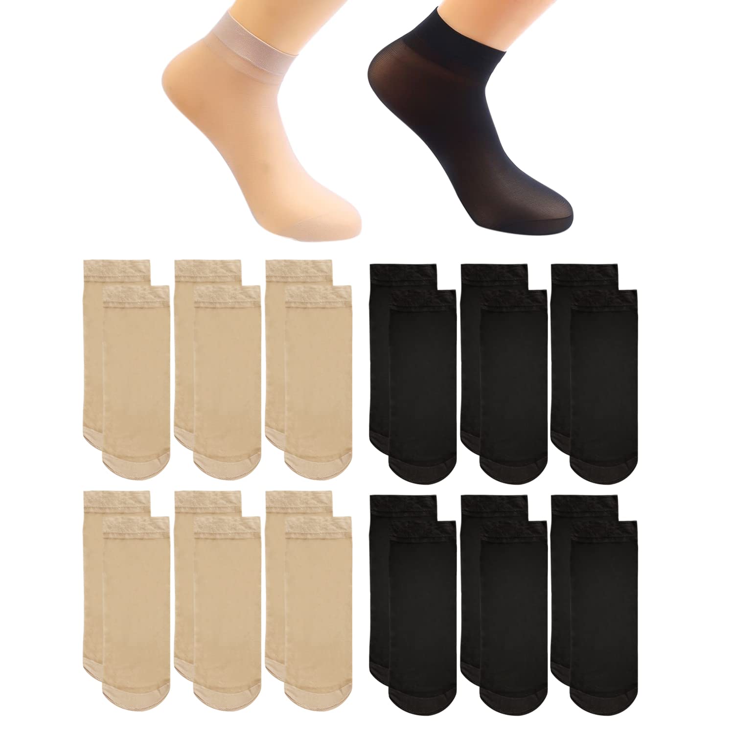NINVVS 12 Pairs Women's Nylon Silk Transparent Ankle Socks - Breathable Mid-Calf Soft High-Stretch Socks - HD Pop Socks (Black, Nude) - Perfect for Casual Wear, Office & Special Occasions