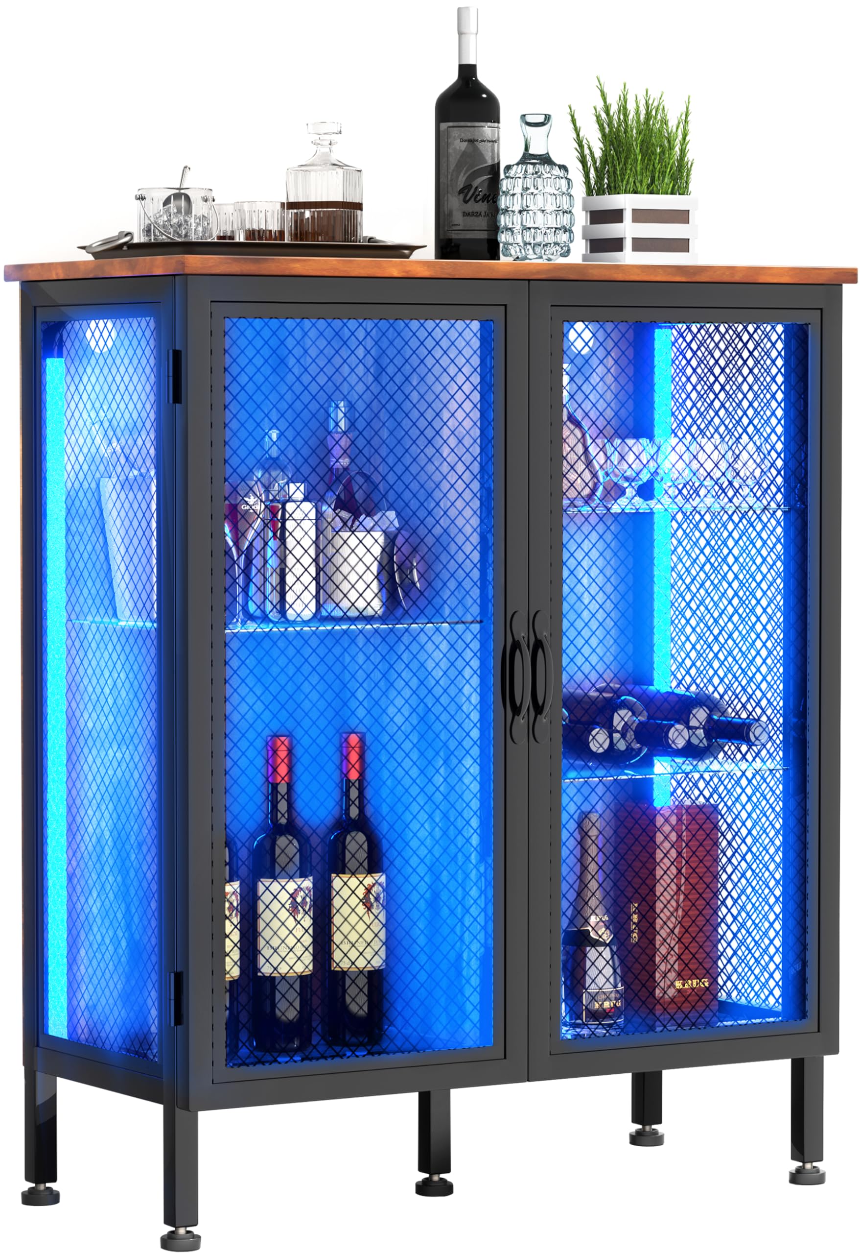 Modern Wine Bar Cabinet with LED Lights & Glass Shelves - Storage Cabinet for Liquor, Coffee & Kitchen Essentials - Perfect for Farmhouse Dining Room & Home Entertaining
