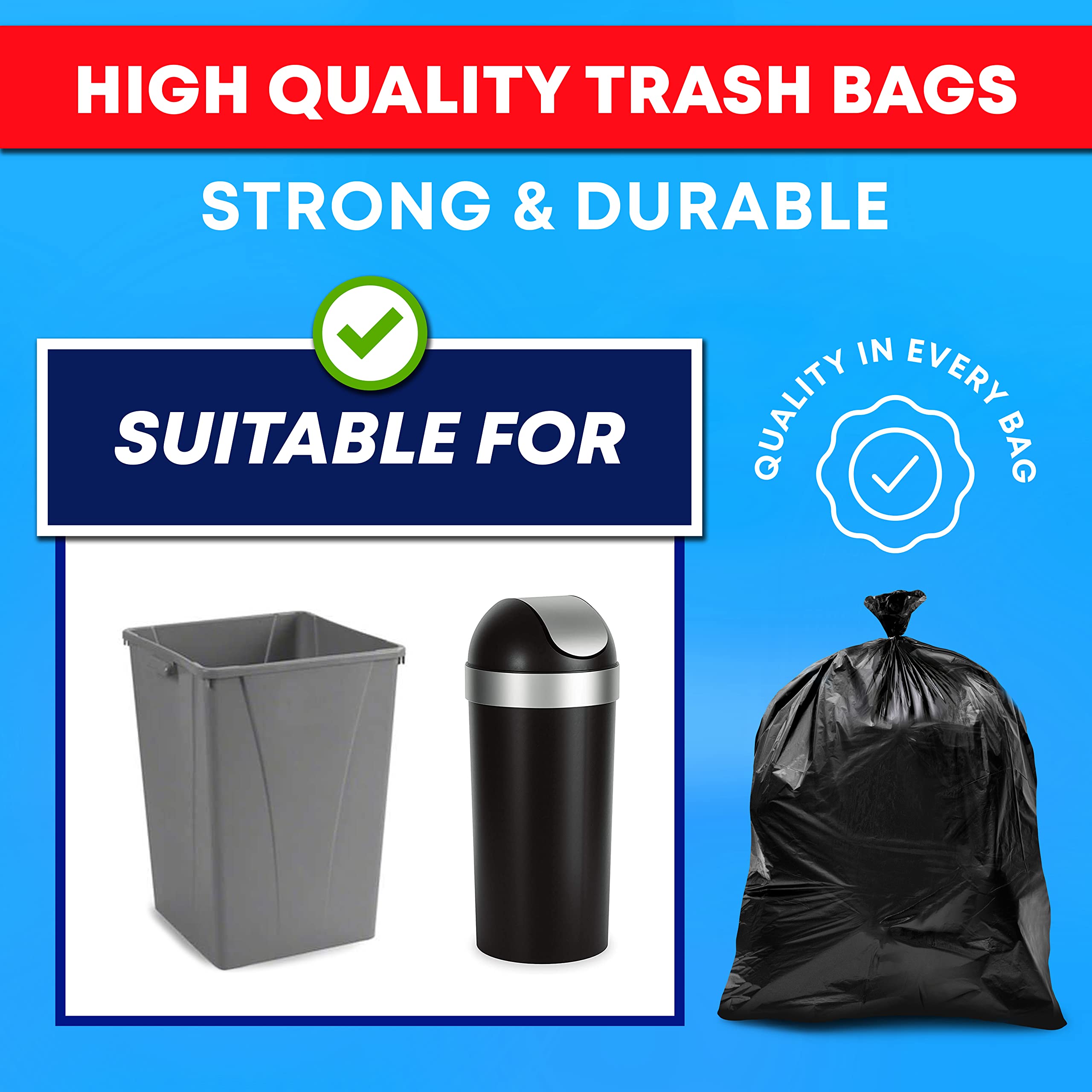 Heavy Duty 30-33 Gallon Trash Bags - MegaValue Pack of 250 Large Black Garbage Bags | High Density, Extra Strong & Leak Proof | Perfect for Kitchen, Office, Outdoor & Commercial Use