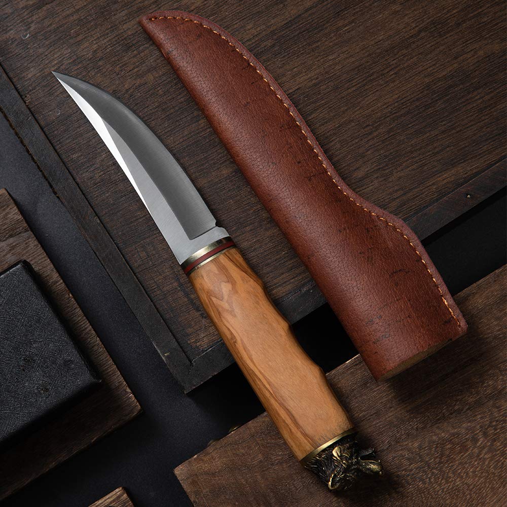 Premium Survival Hunting Knife - Zebra Wood Handle & Stainless Steel Blade - Outdoor Tactical Knife for Camping, Bushcraft & Survival - Perfect Gift for Men & Adventurers (Wolf Series)