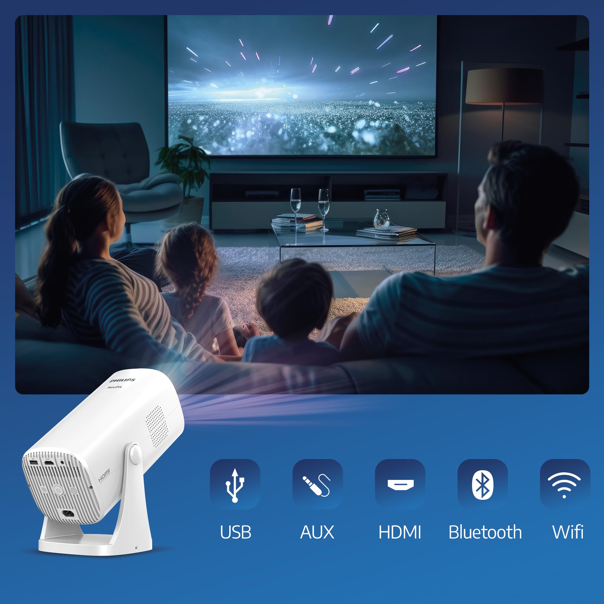 Philips Neopix 230Smart Full HD 1080p Home Theater Projector with Image Correction, LuminOS, Built-in Apps & Audio System - Perfect for Movie Nights, Gaming & Bedroom Entertainment