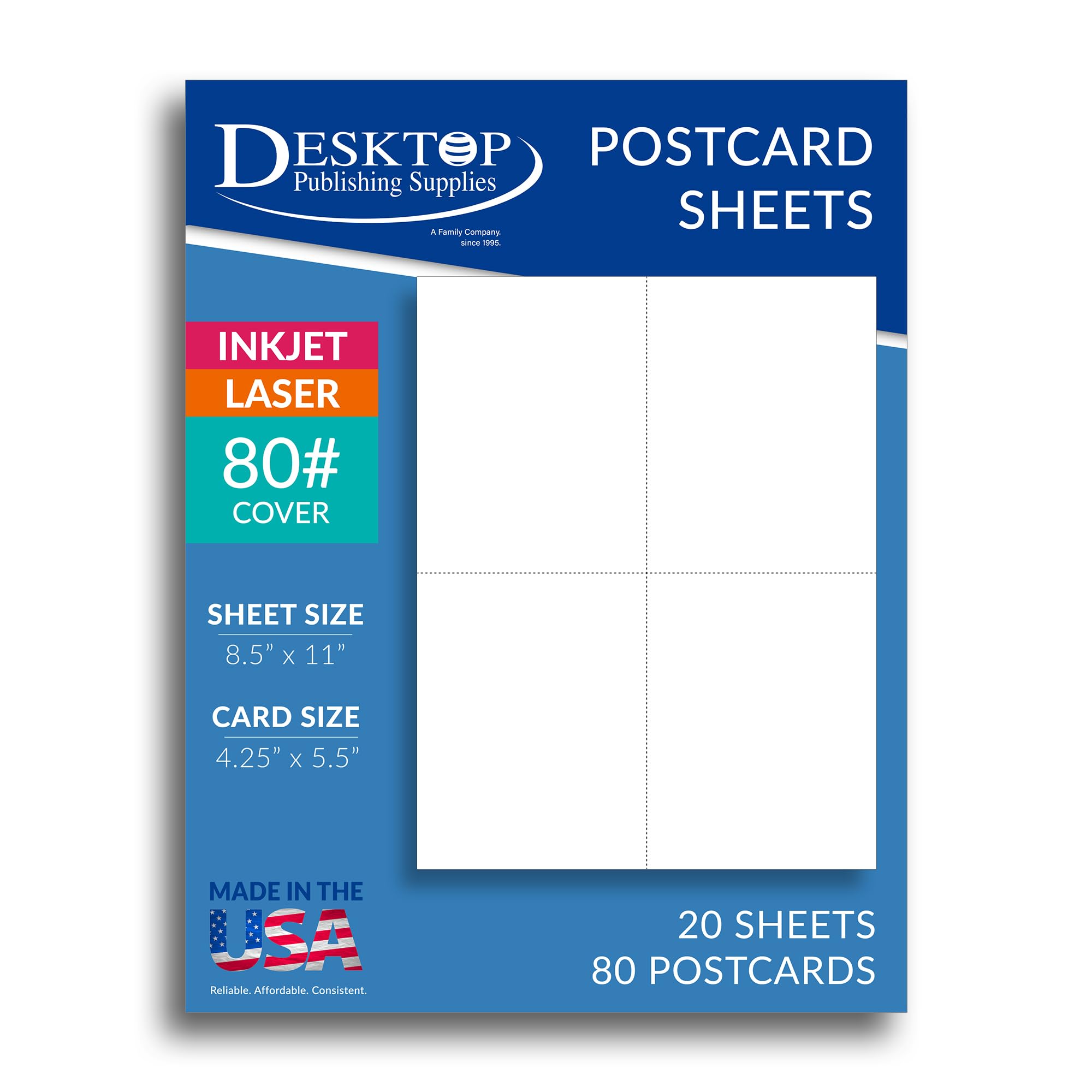 Heavyweight Blank Postcard Paper for Printing - 20 Sheets (80 Postcards) - 80lb White Cardstock - Perforated 4 per Sheet - Inkjet & Laser Printer Compatible - Perfect for DIY Greeting Cards, Wedding Invitations and Business Promotions