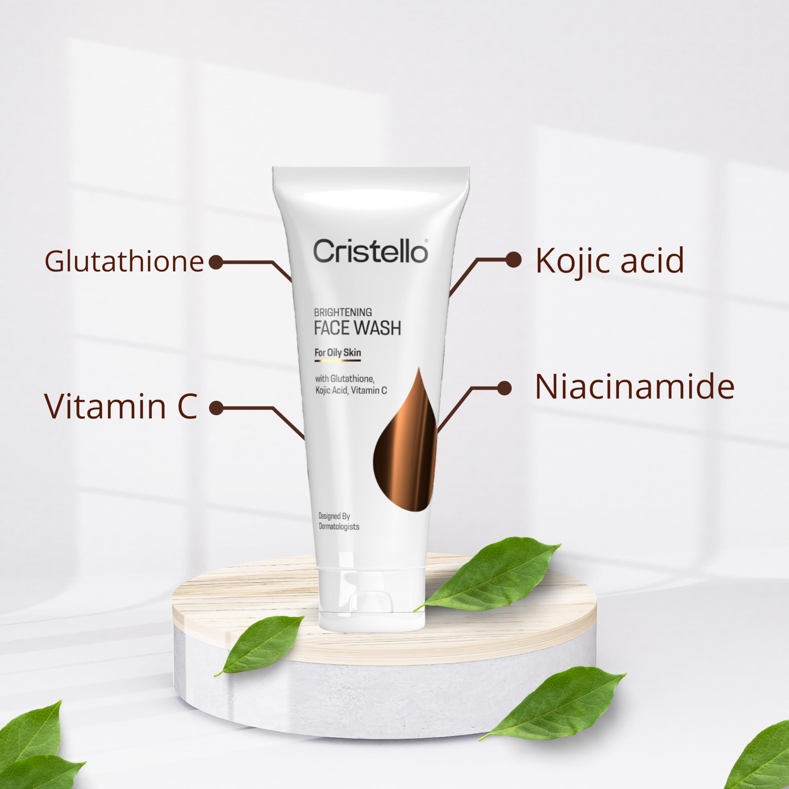 Cristello Brightening Face Wash for Oily Skin with Glutathione, Kojic Acid & Vitamin C | Skin Whitening & Glowing Facial Cleanser for Men & Women | Daily Use for Clear, Radiant Complexion | Perfect for Morning & Night Skincare Routine