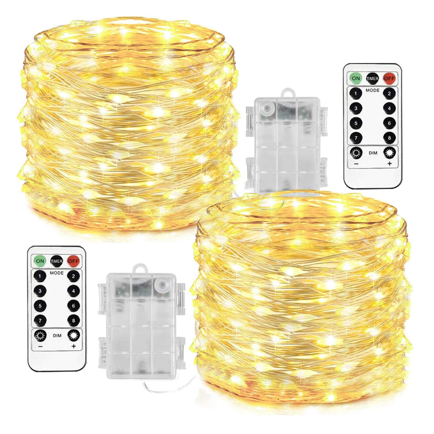 Homemory 2 Pack 33 Ft 100 LED Fairy Lights with Remote - Battery Operated Waterproof Christmas String Lights - 8 Lighting Modes for Indoor Outdoor Decor, Wedding, Party, Garden, Patio (Warm White)