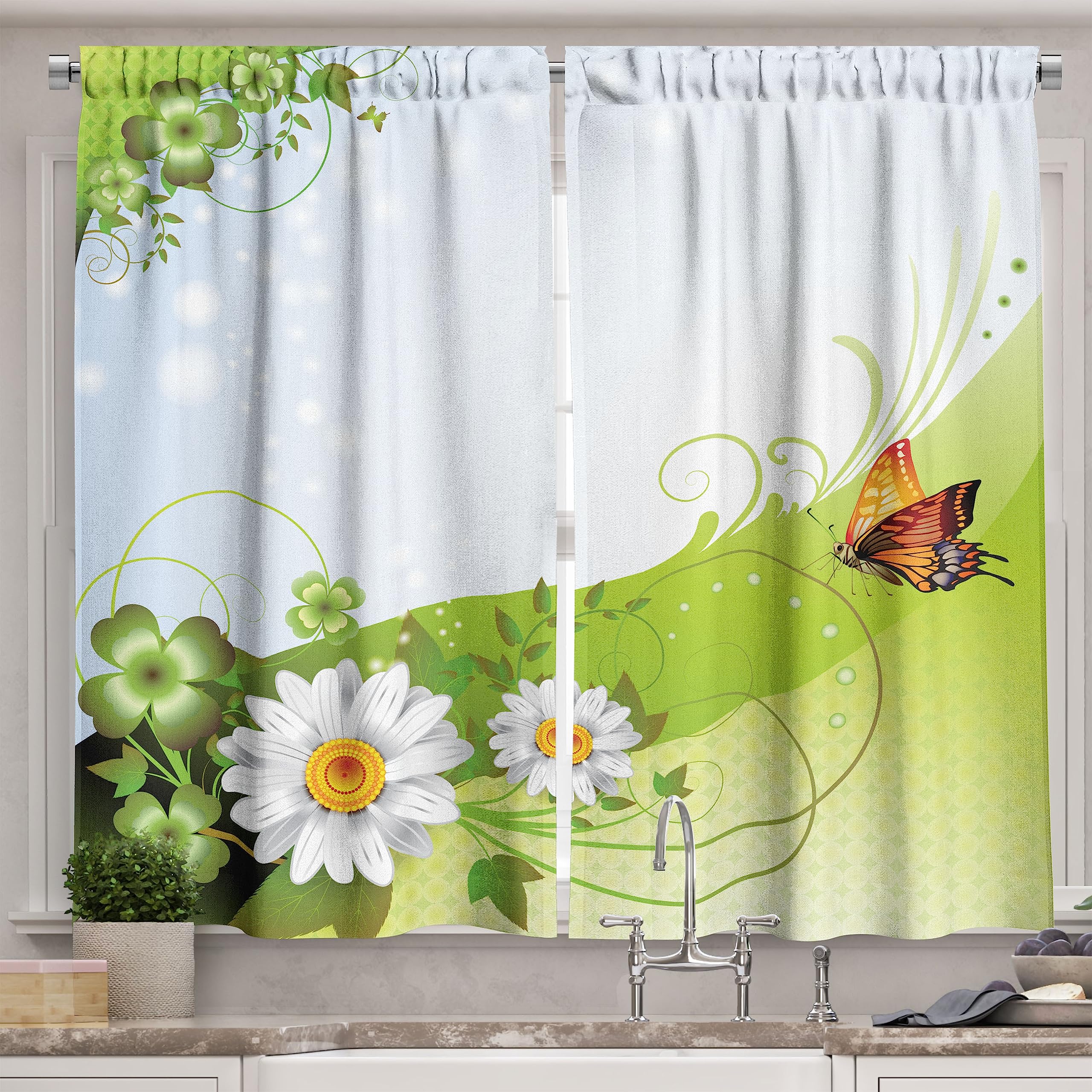 Ambesonne Abstract Spring Floral Butterfly Kitchen Curtains Set of 2 - 55