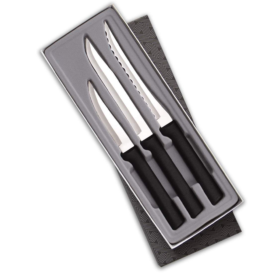 Rada Cutlery 3-Piece Kitchen Knife Set with Sharpener - Chef Knife, Paring Knife & Utility Knife with Black Ergonomic Handles - Perfect for Home Cooking, Gift Giving & Food Prep