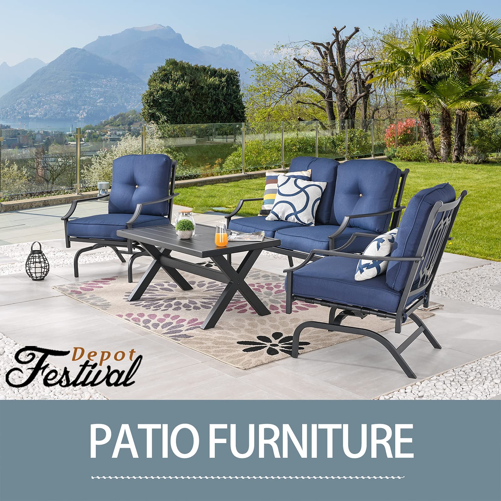 4-Piece Outdoor Patio Conversation Set with Loveseat, Armchairs & Coffee Table - Durable Metal Frame & Soft Thick Cushions (Blue) - Perfect for Garden, Backyard, Poolside & Bistro Relaxation