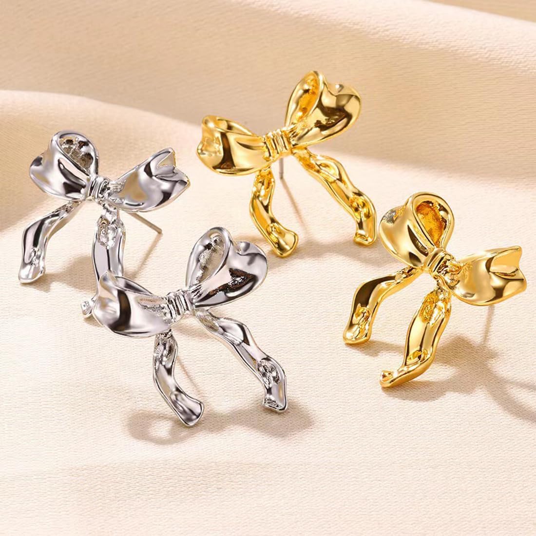Gold & Silver Bow Earrings for Women - Elegant Ribbon Stud Earrings | Cute Fashion Jewelry Gift for Her | Perfect for Parties, Weddings & Everyday Wear