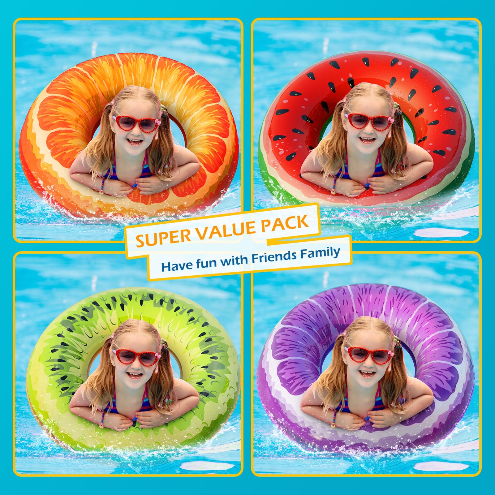 Jasonwell 4-Pack Inflatable Pool Floats - Watermelon, Kiwi, Orange, Grape Swim Rings for Kids & Adults | Fun Pool Party, Lake & Beach Water Toys for Summer Relaxation