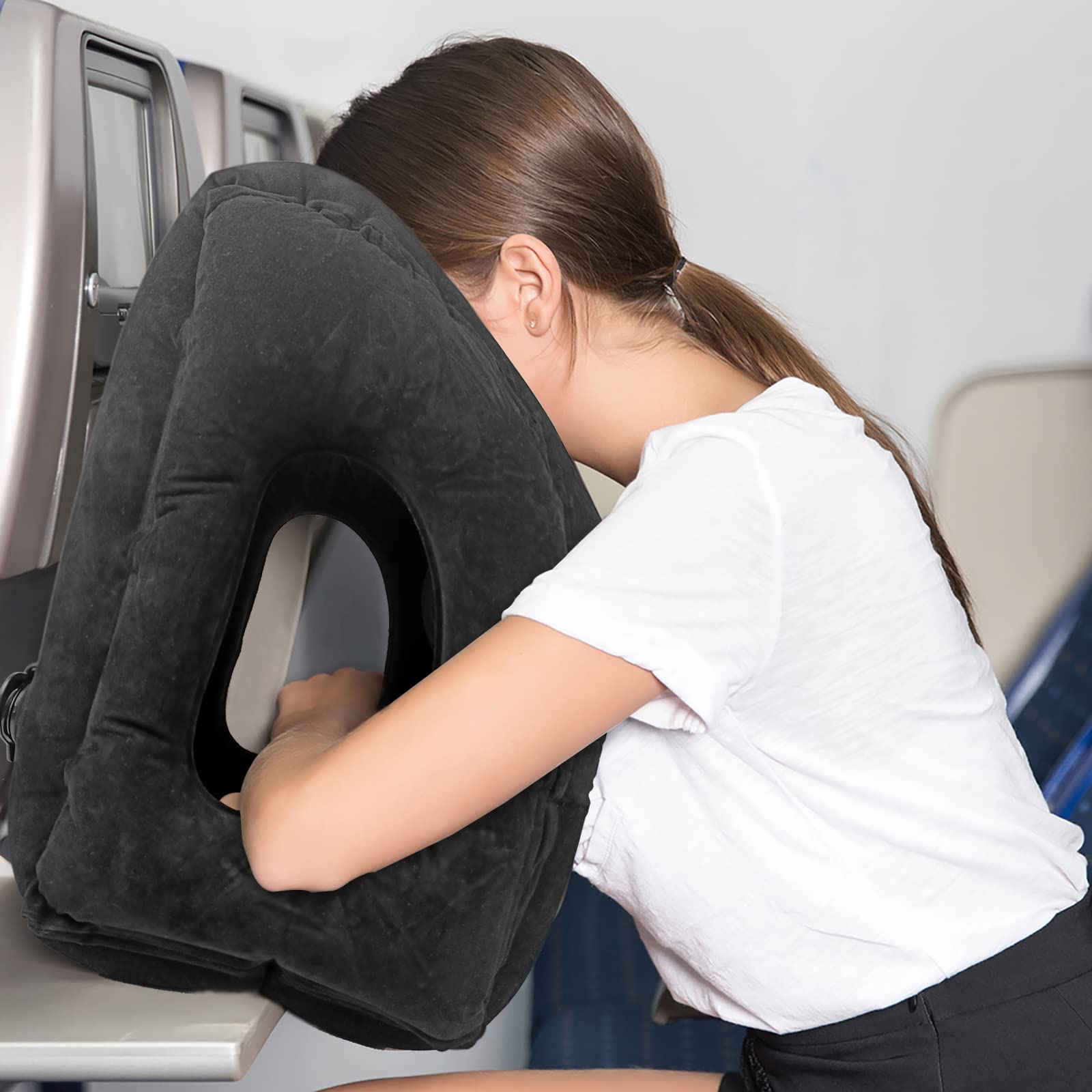 HAIYANLE Inflatable Travel Pillow for Adults - Comfortable Neck Support for Airplane, Car & Office - Includes Eye Mask, Earplugs & Portable Carry Bag - Perfect for Long Flights, Road Trips & Work Naps