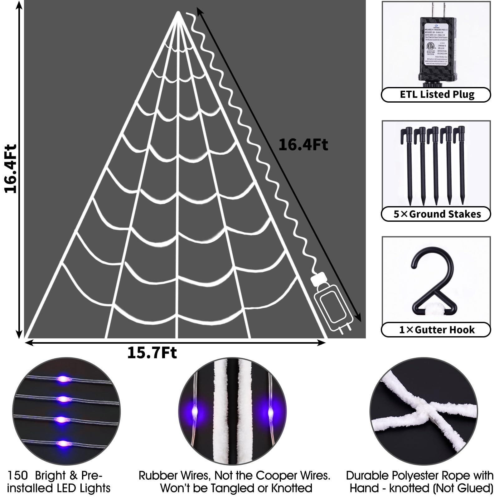 150 LED Halloween Spider Web Lights - 16.4 Ft Giant Lighted Web Decor with 8 Lighting Modes, Waterproof & Timer for Outdoor Indoor Yard, Haunted House, Party (Purple) | Perfect for Halloween Decorations, Garden Lighting, and Spooky Themed Events