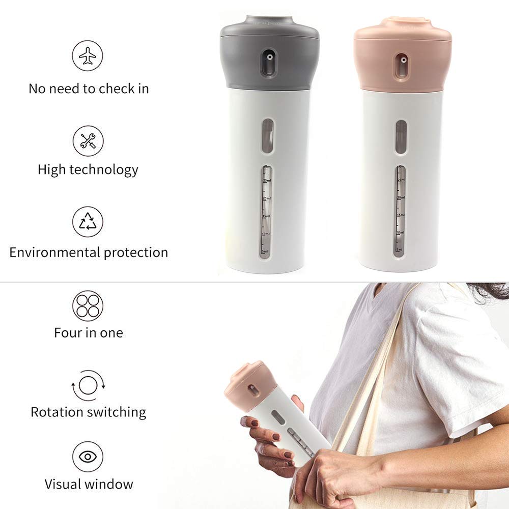 2 Pack CHIVENIDO 4-in-1 Refillable Travel Bottles for Lotion, Shampoo & Gel - Leakproof Shower Dispenser Set (Pink + Gray) | Perfect for Air Travel, Gym & Vacation Essentials