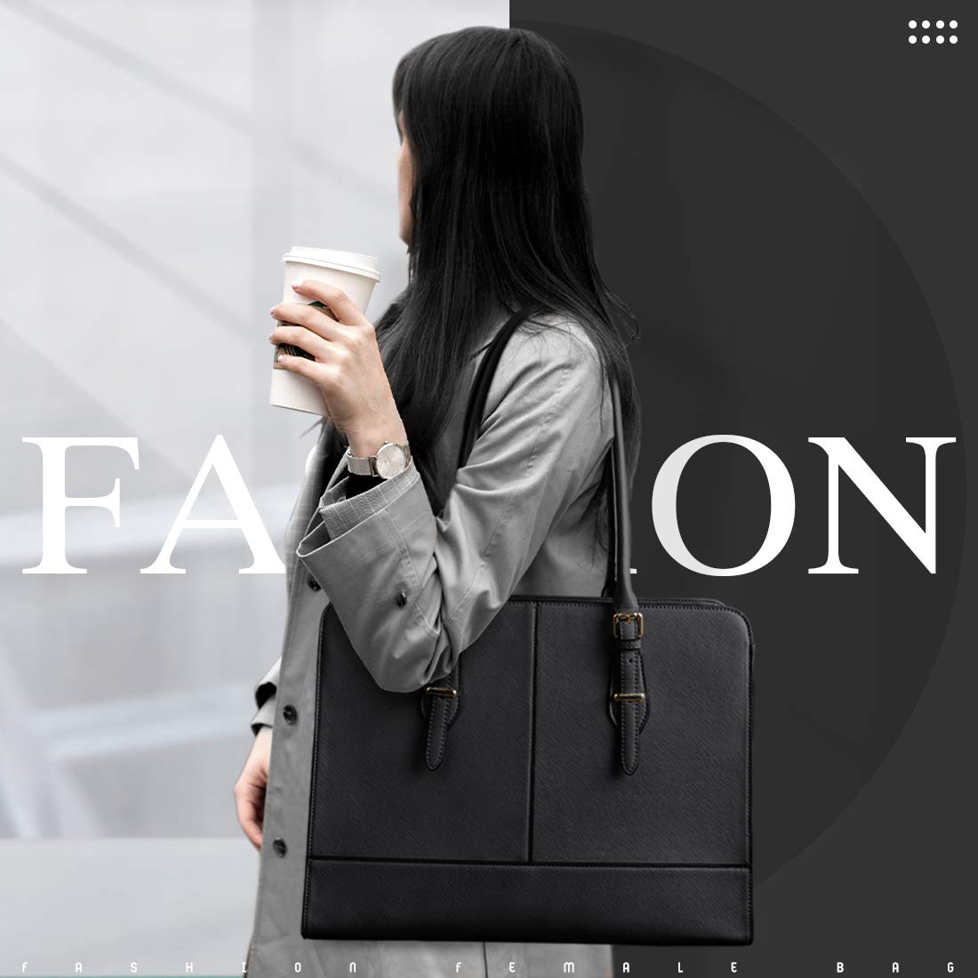 Stylish 15.6 Inch Leather Laptop Bag for Women - Professional Work Tote Handbag with Padded Compartment - Perfect for Office, Business Travel & College (Black)