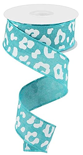 Animal Print Canvas Wired Edge Ribbon - 1.5 Inch Wide in Light Teal & White - Perfect for Gift Wrapping, DIY Crafts, and Home Decor