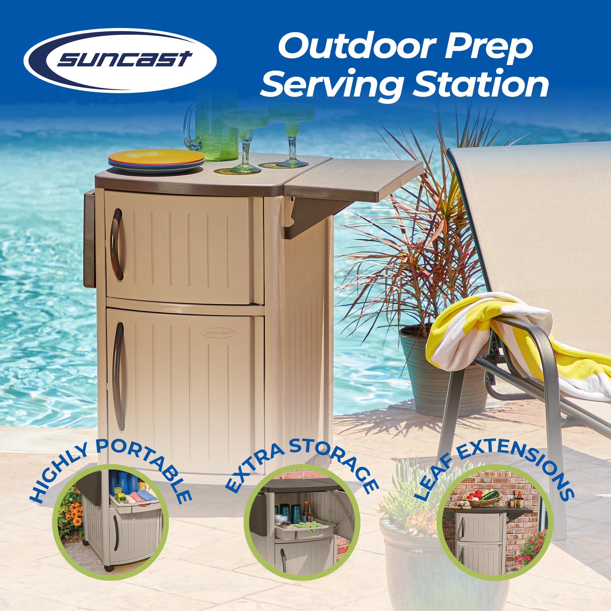 Suncast Outdoor Patio Grill Prep Station Cart with 2 Storage Cabinets - Light Taupe/Mocha - Perfect for Backyard BBQs, Outdoor Cooking & Patio Organization
