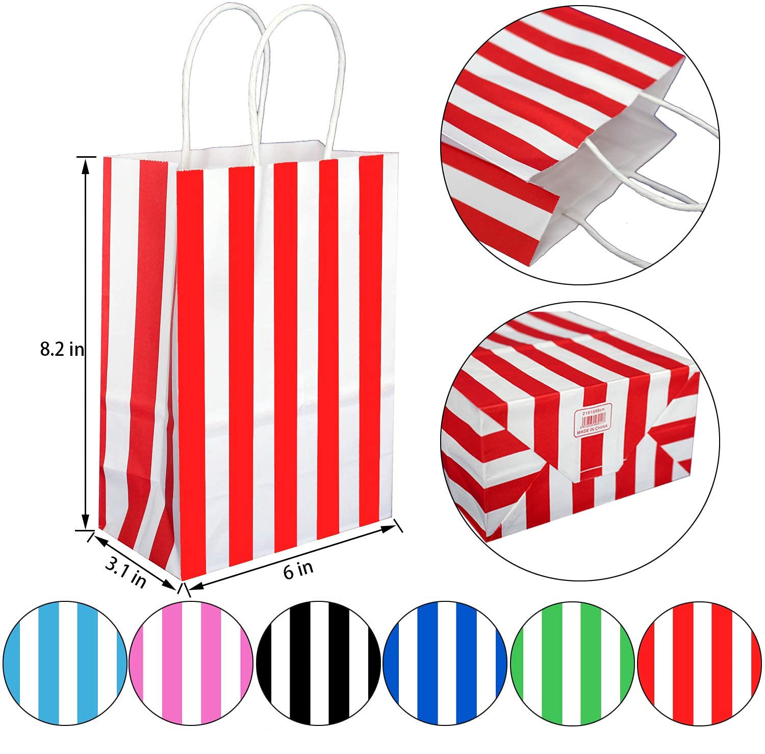 Elegant Black and White Striped Gift Bags with Handles - 12 Pack (8.2