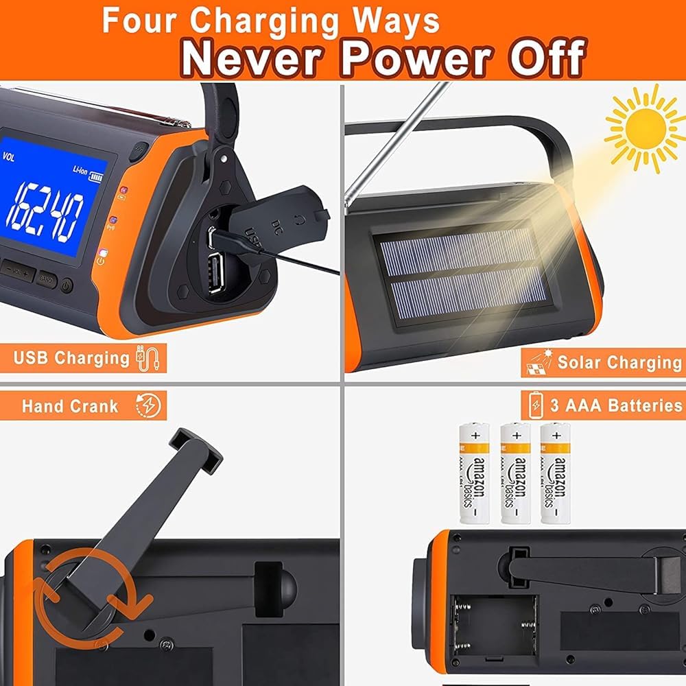 4000mAh Solar Hand Crank Emergency Weather Radio with LED Flashlight, Phone Charger & SOS Alarm - Portable Power for Outdoor Camping, Hiking, and Emergency Preparedness