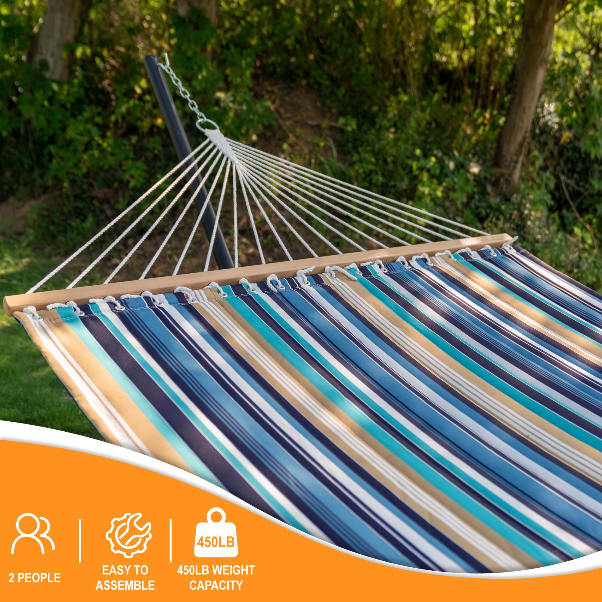 Lazy Daze Quilted Fabric Double Hammock with 12-Foot Stand - 2-Person Outdoor Hammock with Pillow for Patio, Garden, Backyard & Beach - 450LB Capacity - Perfect for Relaxing, Lounging & Napping in Your Outdoor Space