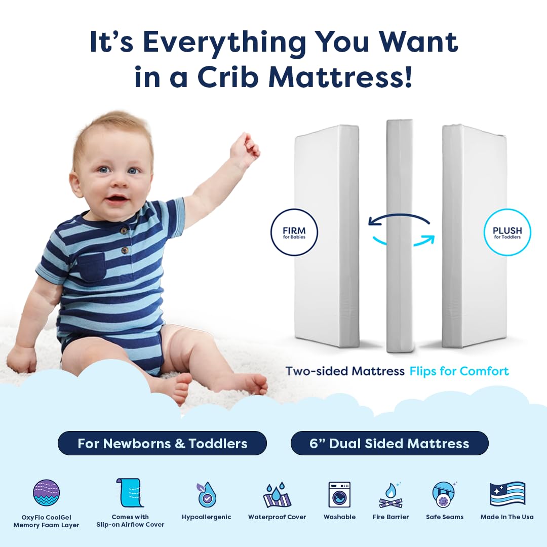 Moonlight Slumber Luxury Dreamer Crib Mattress - Dual-Sided 2-Stage Baby & Toddler Mattress with Cooling Memory Foam & Breathable Cover - Hypoallergenic Waterproof - 52