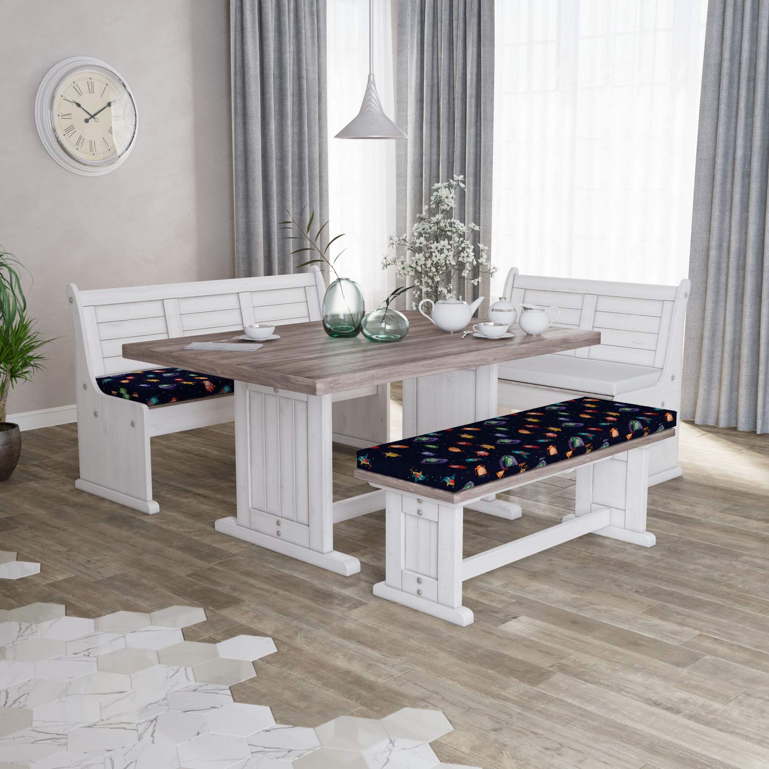 Ambesonne 2-Piece Space-Themed Bench Cushion Set - Alien Expressions & Dotted Spacecraft Design, 45