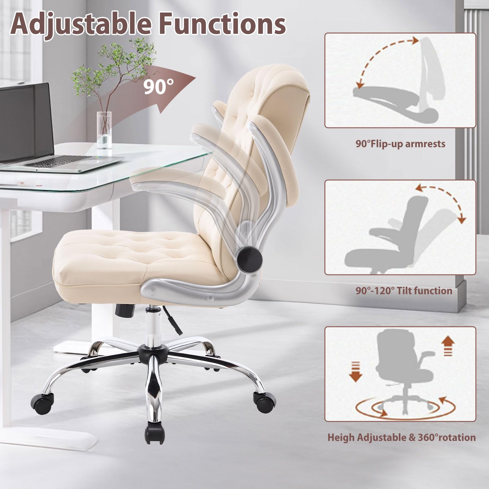 Modern Leather Office Chair - Ergonomic Mid-Back Executive Desk Chair with Flip-Up Arms, Swivel & Rocking Base, Wheels for Home Office | Comfortable Computer Task Chair for Work, Gaming & Conference Rooms