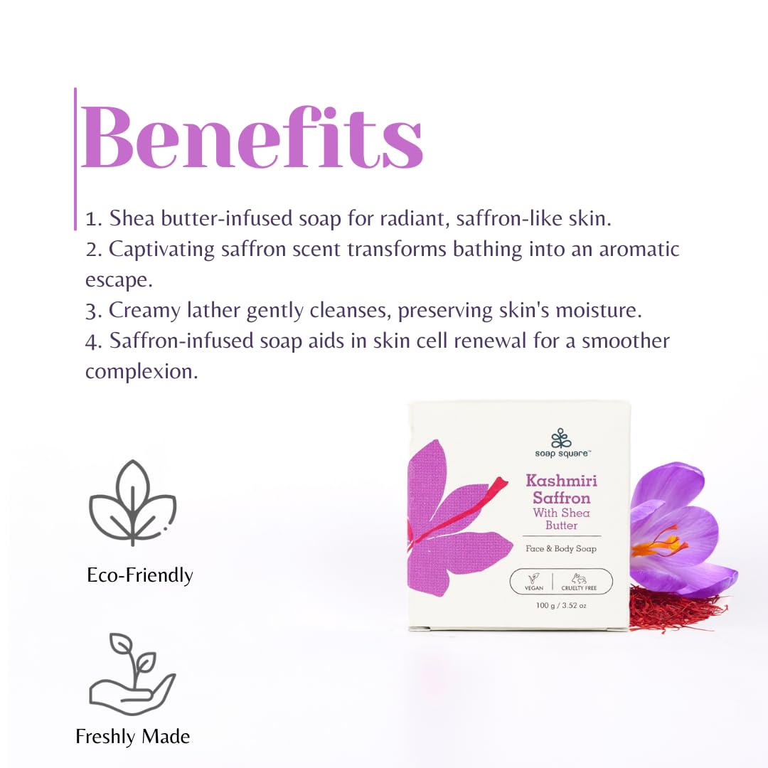 Kashmiri Saffron & Shea Butter Soap Bar - 100g SLS Free, Paraben Free, Cruelty-Free, Vegan Handmade Soap for Sensitive Skin - Perfect for Daily Bathing, Spa Treatment & Luxury Gifts