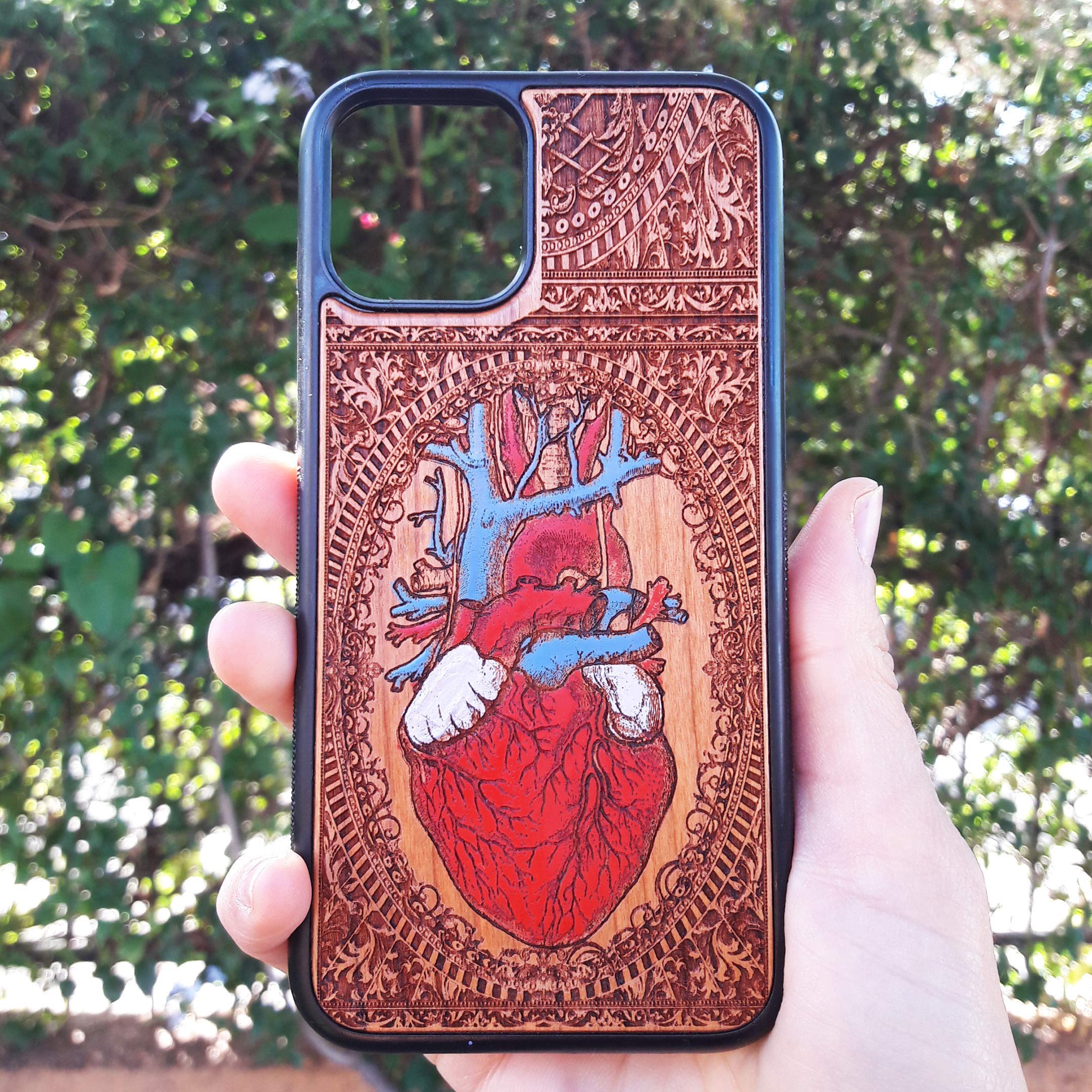 Hand-Painted Wooden Phone Case for iPhone 16/15/14/13/12/11 Pro Max Mini & Galaxy S25/S24/S23/S22/S21/S20 Ultra Plus - Human Heart Earth Design, Laser Engraved, Slim & Eco-Friendly Wood Cover - Perfect for Nature Lovers & Unique Gift Giving