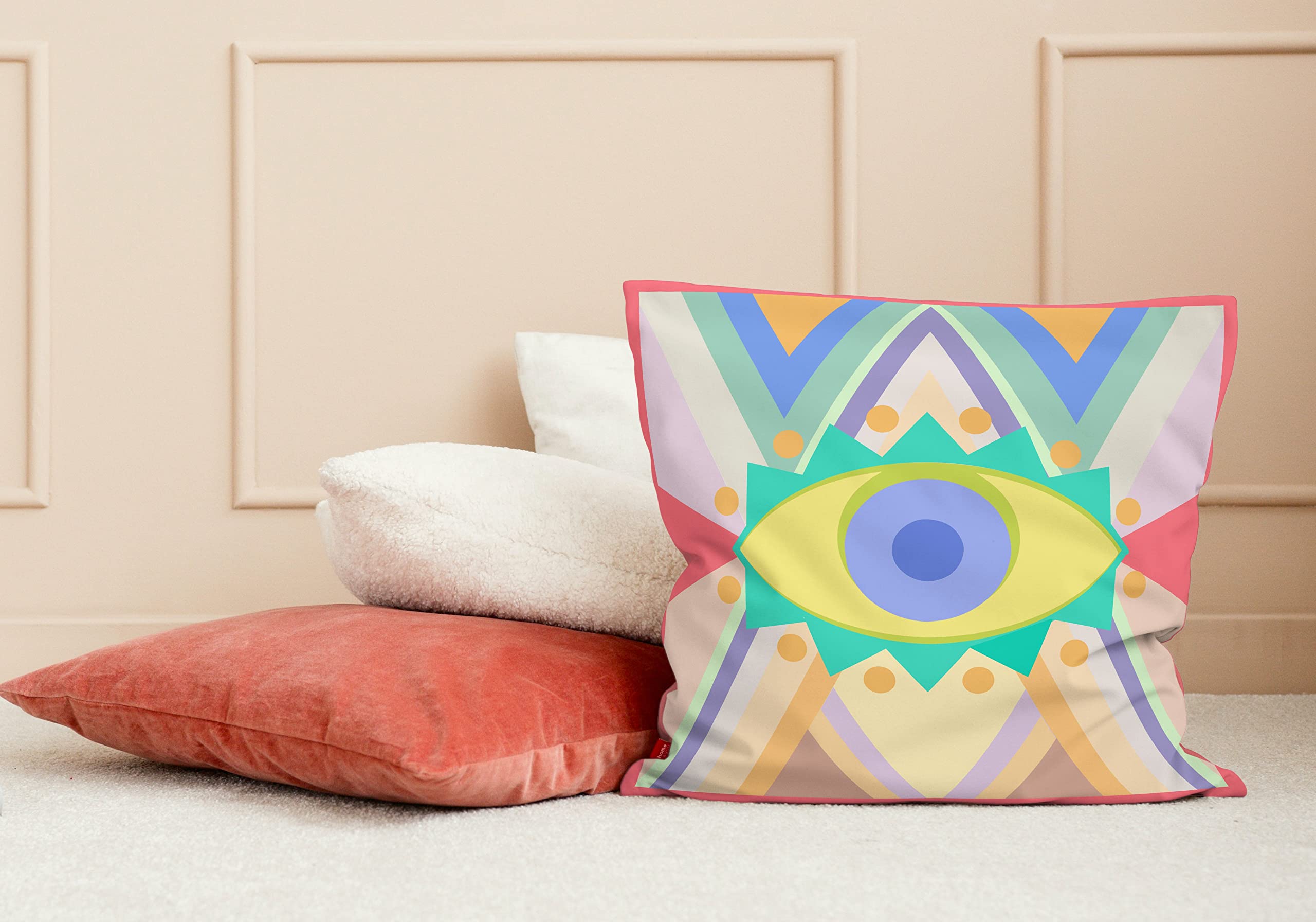 Boho Pillow Cover - Daphne & Sugar Decorative Throw Pillow Case with Turkish Evil Eye Design, Modern Farmhouse & Bohemian Home Decor for Living Room, Bedroom, or Nursery