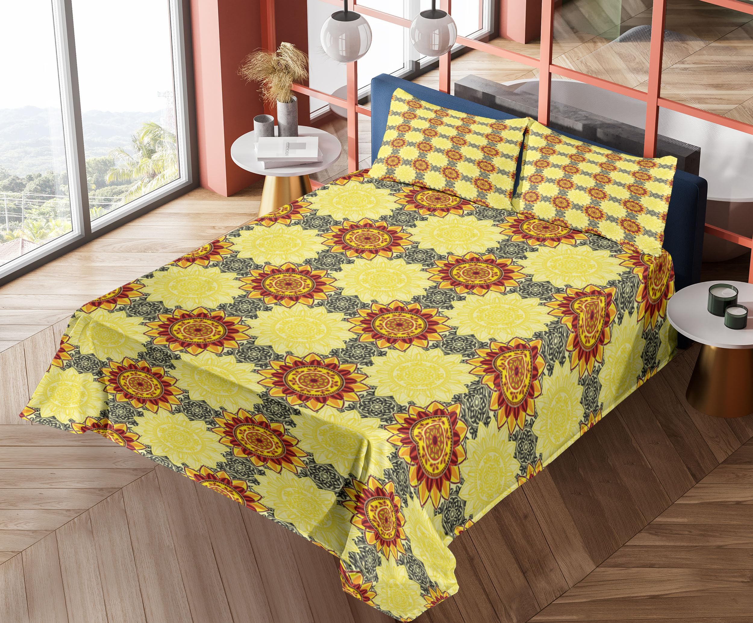 Ambesonne Mandala 4-Piece King Size Sheet Set - Vibrant Yellow Black Ruby Boho Floral Design with Fitted Sheet, Flat Sheet & Pillowcases | Perfect for Bohemian Bedroom Decor, Guest Room Makeover & Meditation Retreats