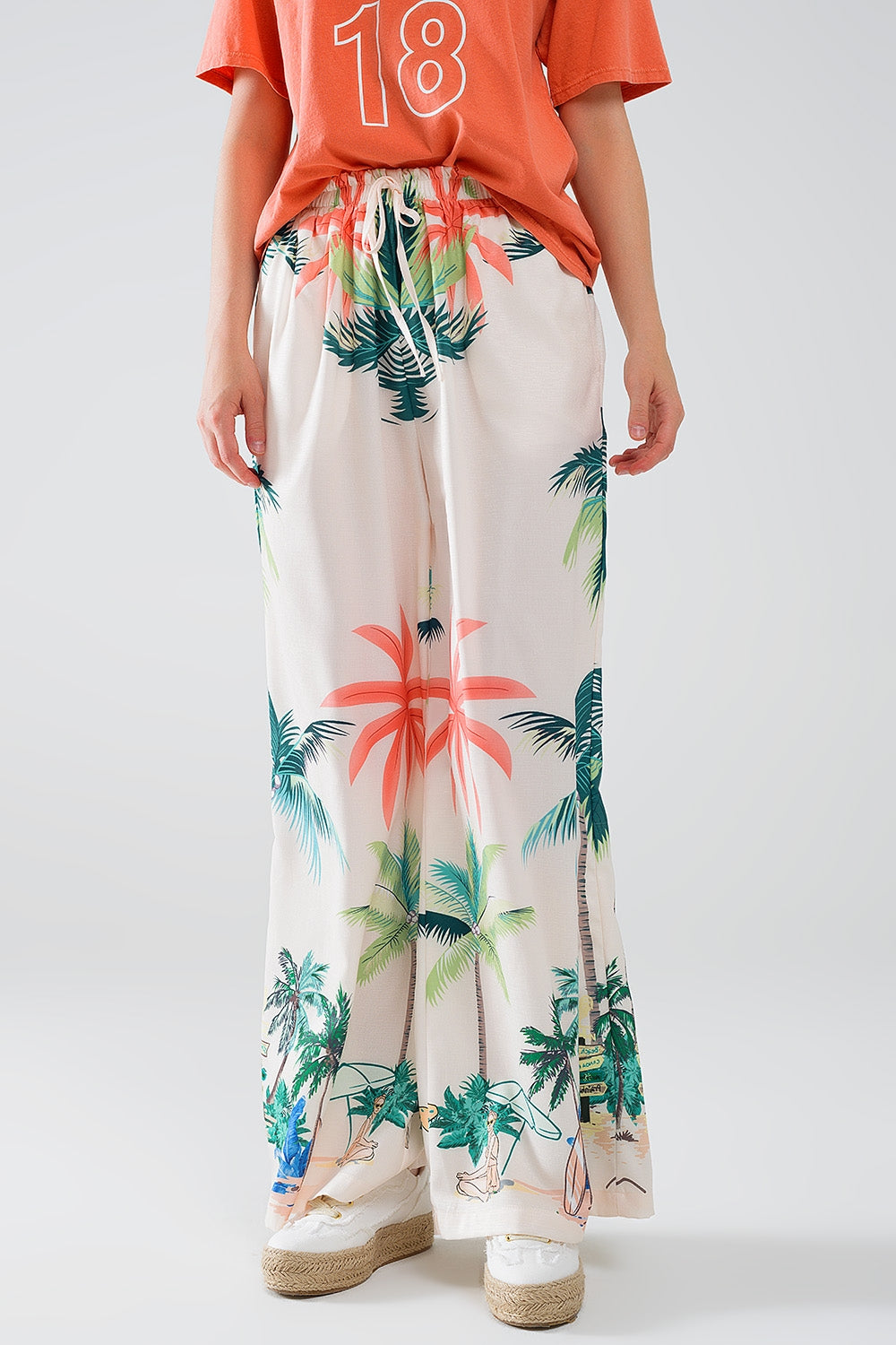 Women's Cream Beach Print Elastic Waist Straight Leg Pants - Perfect for Summer Vacations, Casual Outings, and Beach Getaways