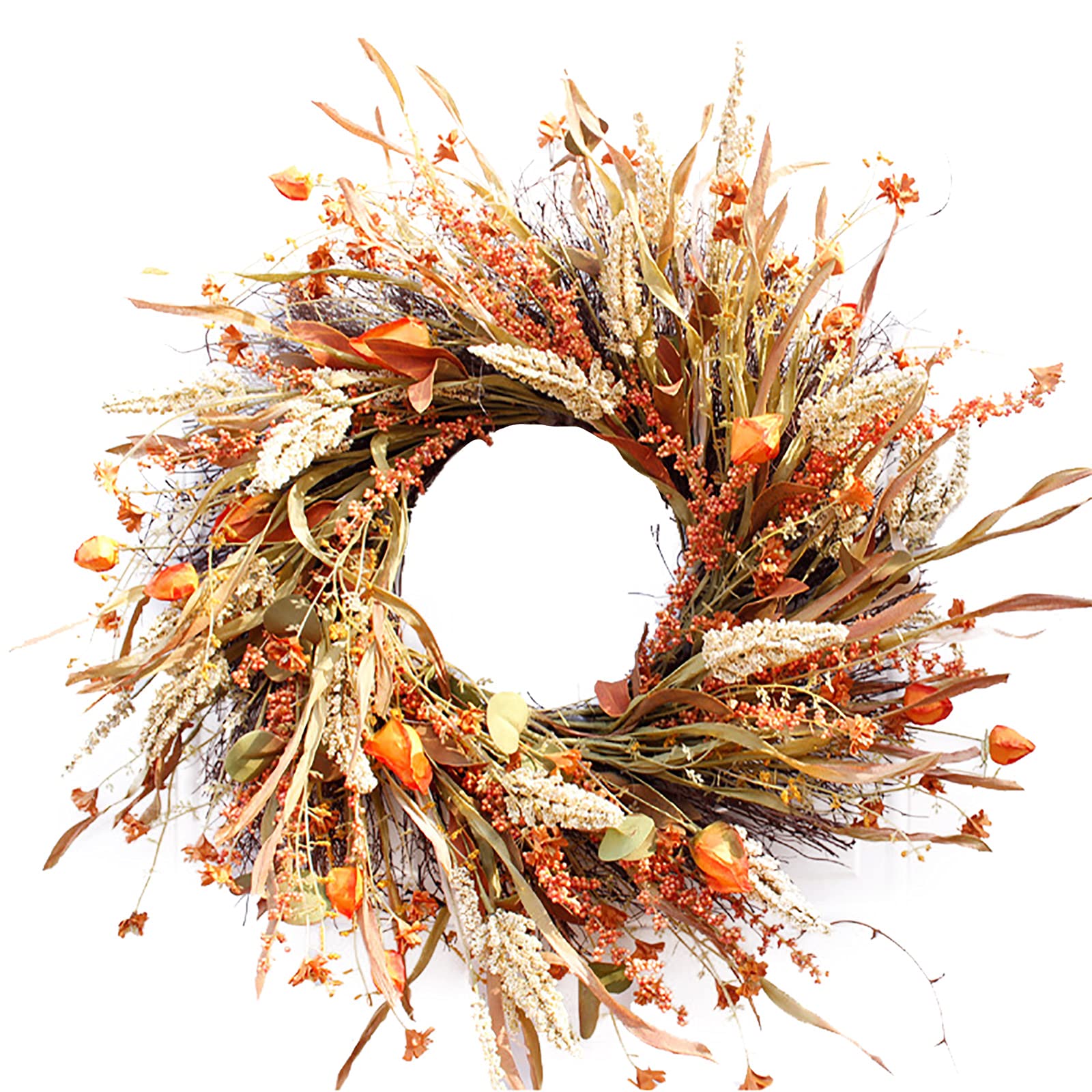 24 Inch Fall Wheat Ear Wreath - Artificial Grain Harvest Garland for Front Door, Thanksgiving & Halloween Decor - Farmhouse Autumn Wreath for Seasonal Home Decor
