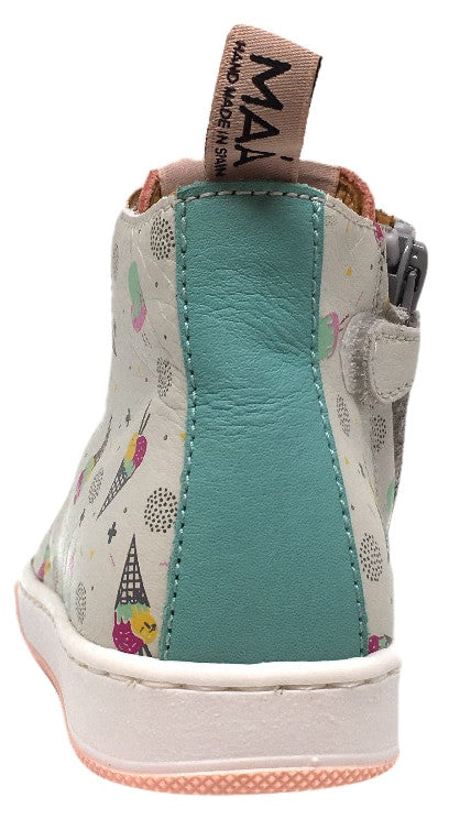 Girl's Grey Pastel Leather High Top Sneakers with Ice Cream Print - Stylish Lace-Up Shoes for School, Casual Outfits & Everyday Wear