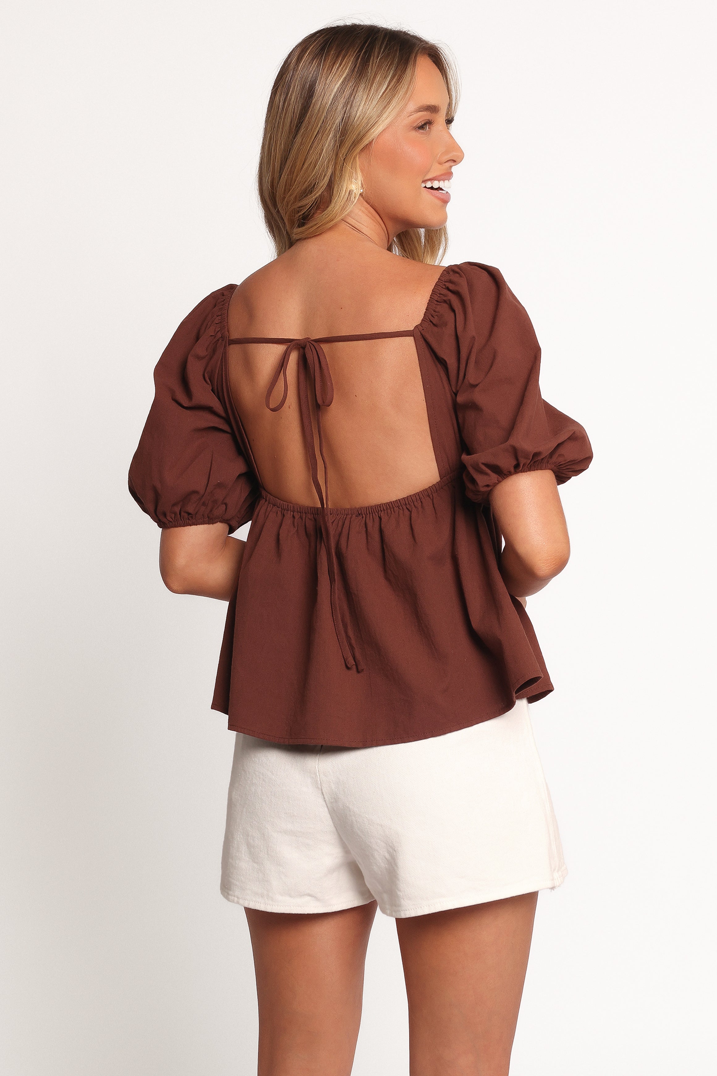 Jemima Women's Puff Sleeve Blouse in Chocolate Brown - Elegant Casual Top for Office, Date Night & Spring Outfits
