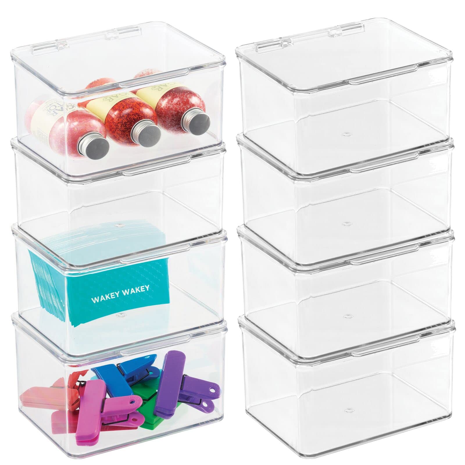 mDesign Clear Plastic Kitchen Pantry & Fridge Storage Organizer Boxes with Hinged Lids - 8 Pack for Food, Snacks, Canned Drinks, Spices, Utensils | Space-Saving Cabinet & Shelf Organization for Home, Office, Dorm