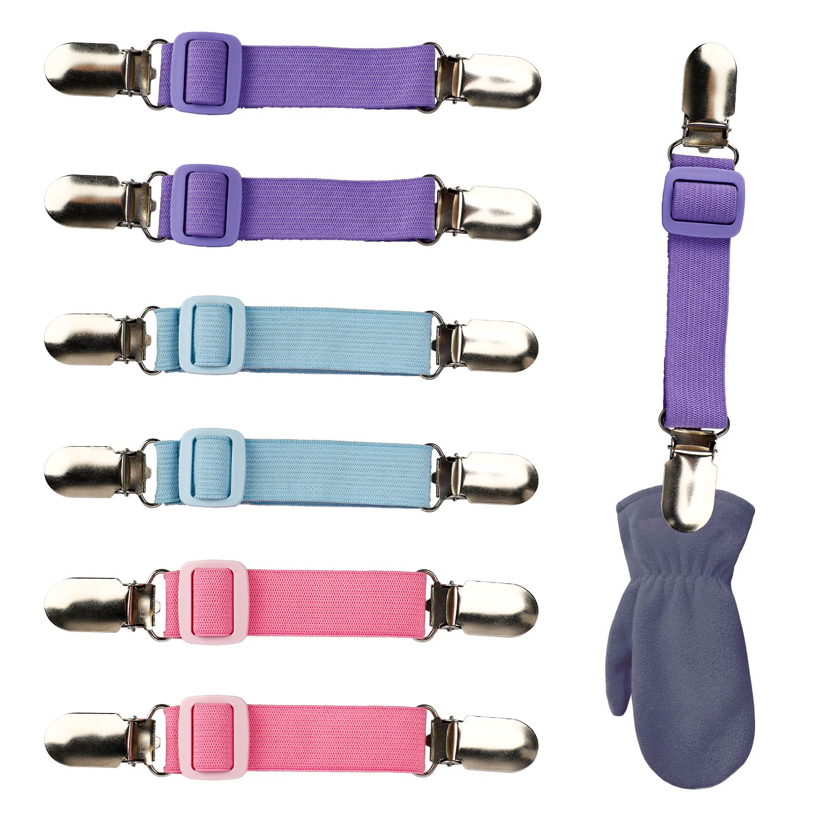 6 PCS Adjustable Mitten Clips for Kids & Adults - Winter Anti-Lost Glove Clips with Polyester Elastic Straps (Pink, Blue, Purple) - Perfect for Skiing, Snowboarding & Outdoor Winter Activities