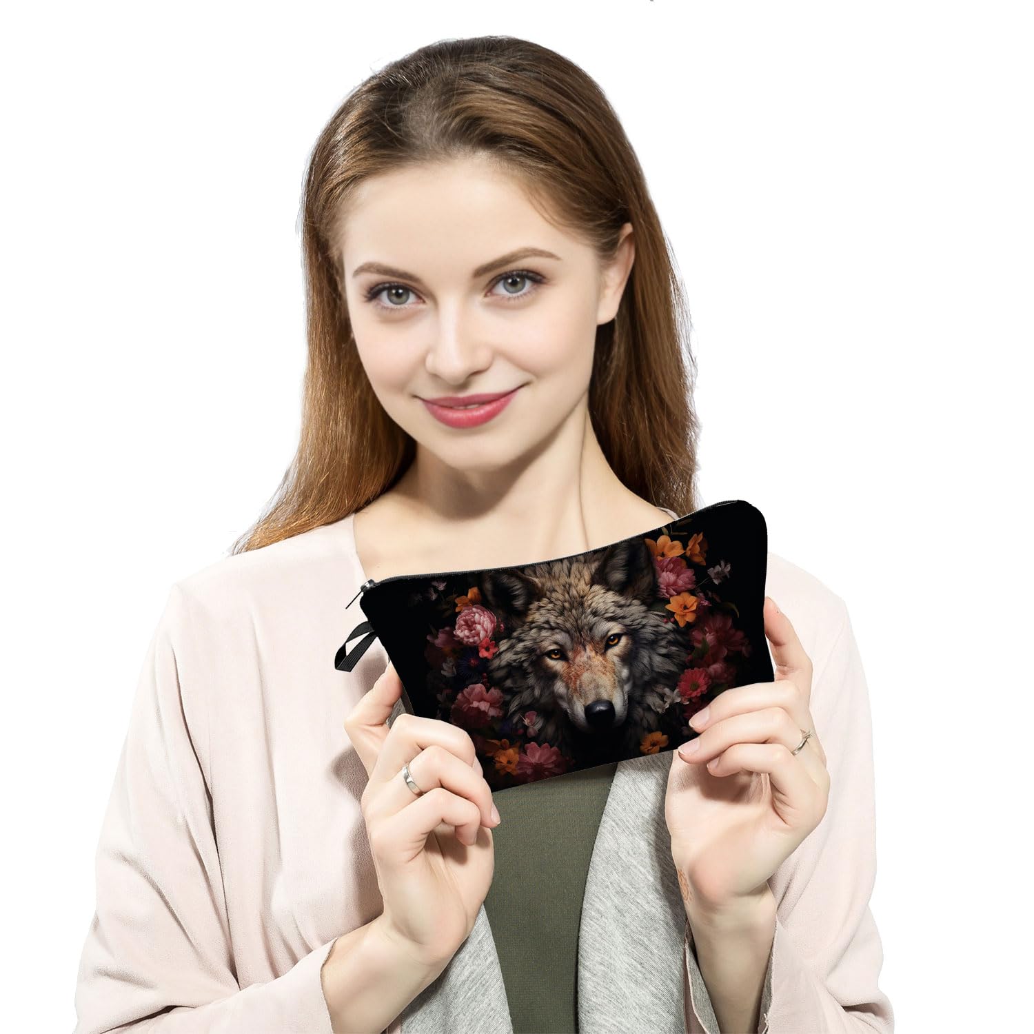 Floral Wolf Print Makeup Bag - Cute Small Zippered Cosmetic Organizer for Women | Perfect Birthday Gift for Wolf Lovers | Great for Travel, Gym & Daily Beauty Essentials