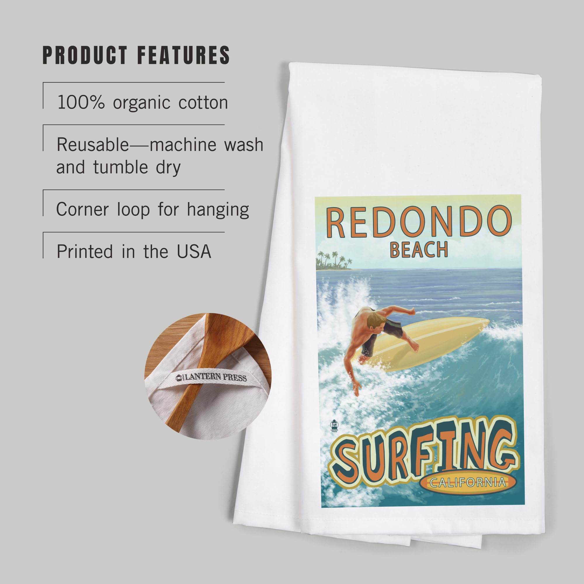 Lantern Press Redondo Beach California Surfer Tropical Tea Towel - 100% Cotton Decorative Hand Towel for Kitchen & Home - Perfect for Beach House Decor, Coastal Kitchen Accessories & Surfing Enthusiasts