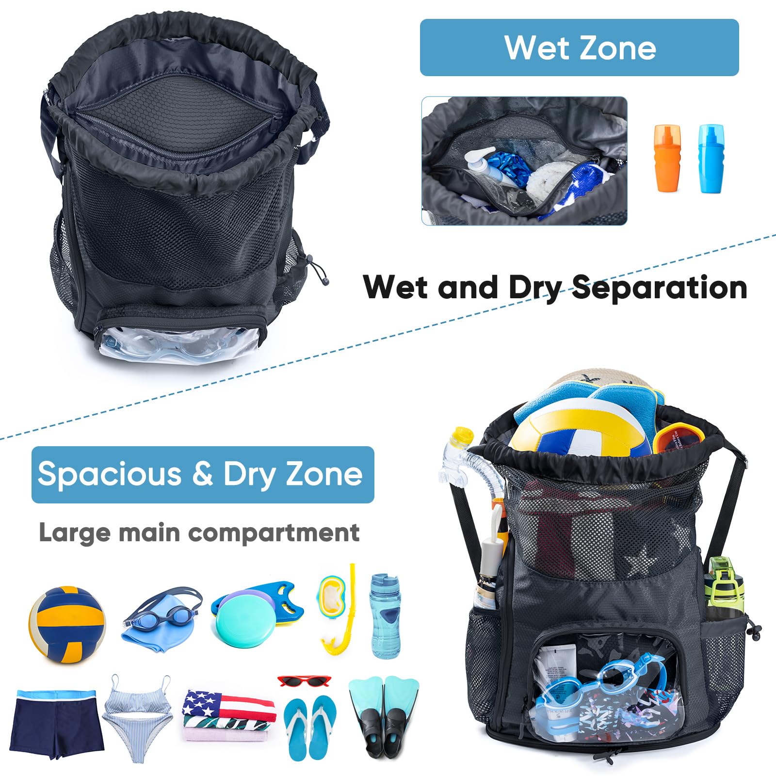 **Sandproof Drawstring Backpack - Breathable Mesh Beach Bag with Shoe Compartment & Toiletry Pockets - Water-Resistant Swim Bag for Pool, Beach, Summer Camp - Perfect for Travel, Gym & Outdoor Activities**