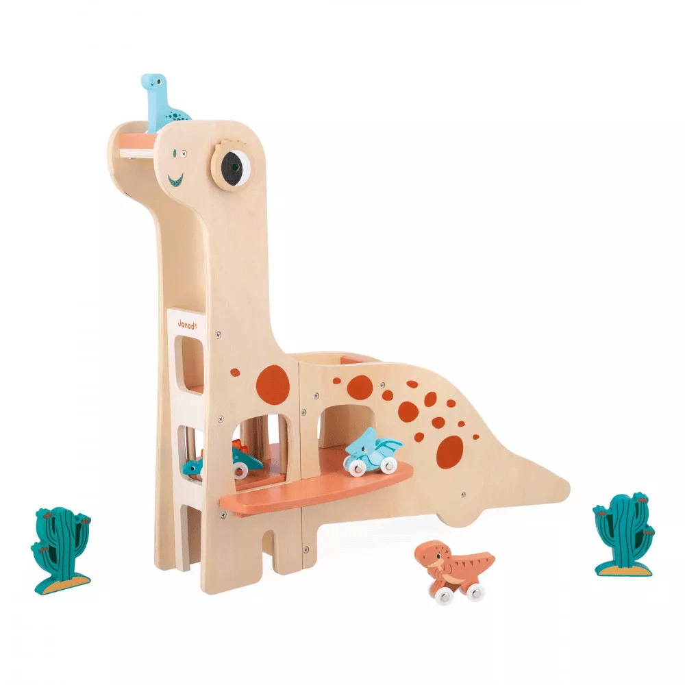 Janod Dino Garage - Wooden Toy Car Garage for Kids with Dinosaur Theme | Pretend Play, Imaginative Play, Gift for Boys & Girls Ages 3+