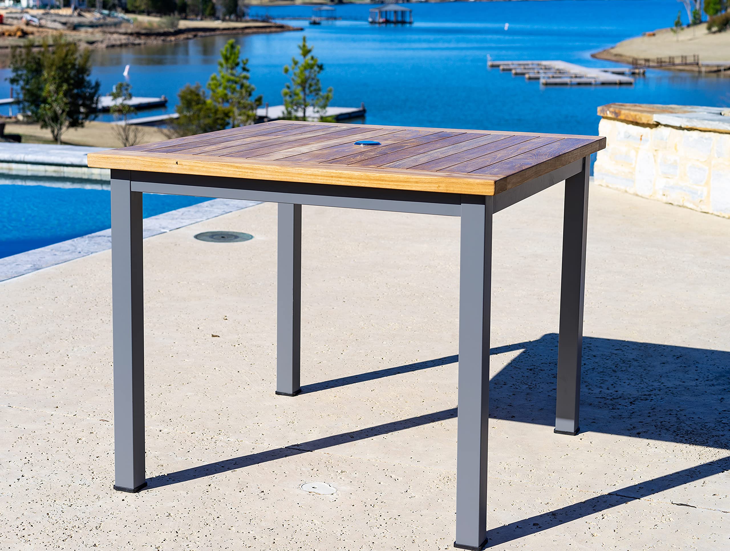 Santorini Square Outdoor Dining Table with Iron Base - Ash Grey Teak Wood Patio Table for Garden, Backyard, and Poolside Dining