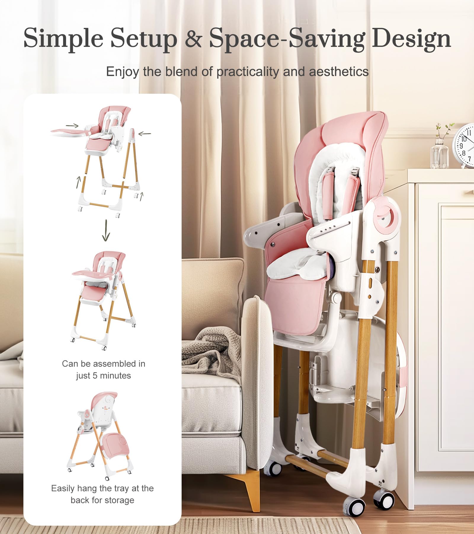 Convertible Baby High Chair with Adjustable Height, Removable Tray & Lockable Wheels - Portable Toddler Dining Chair for Home & Restaurant Use