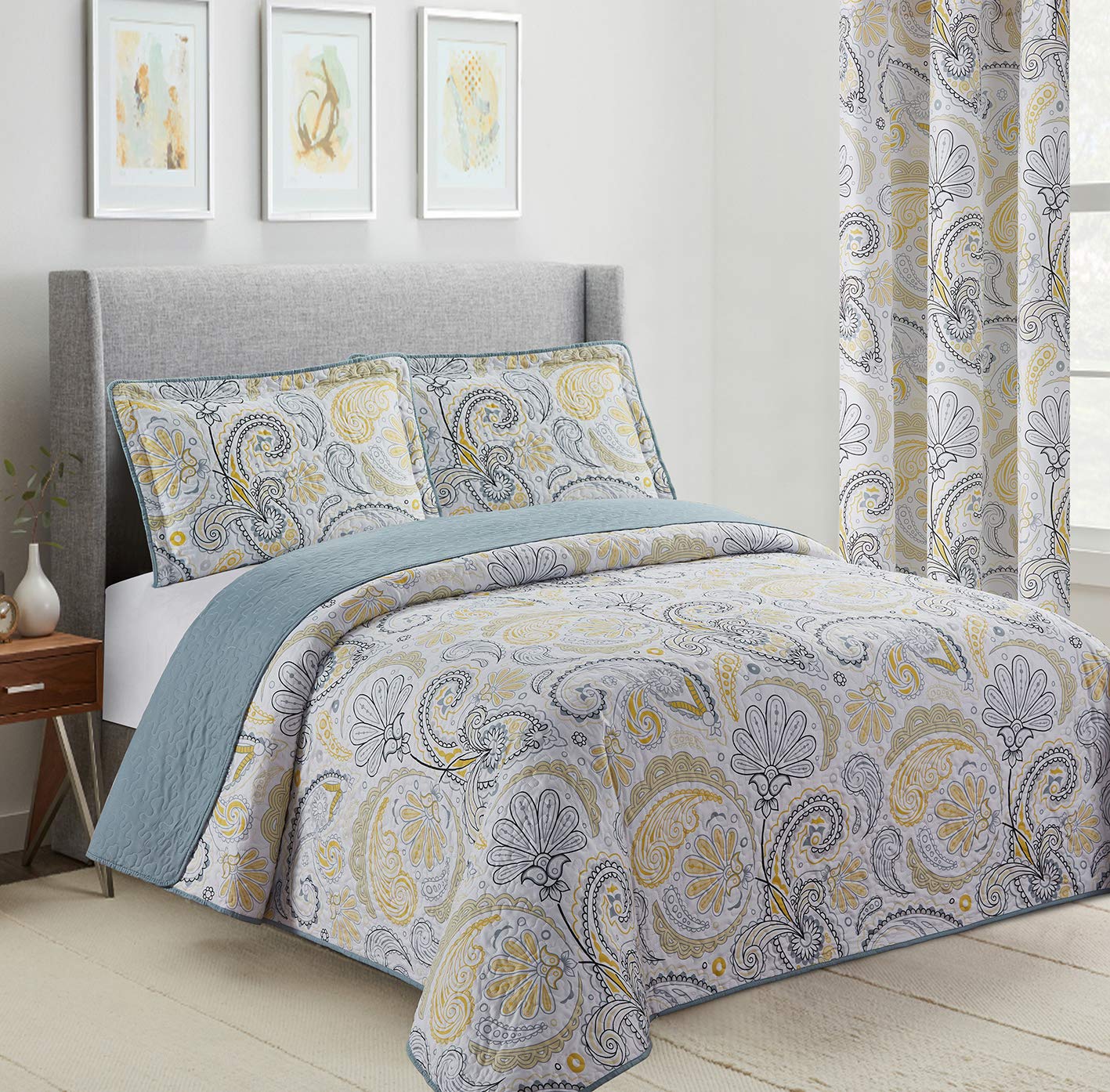 Reversible Paisley Bedspread Quilt Set - Twin, Yellow & Grey for Cozy Bedroom Decor