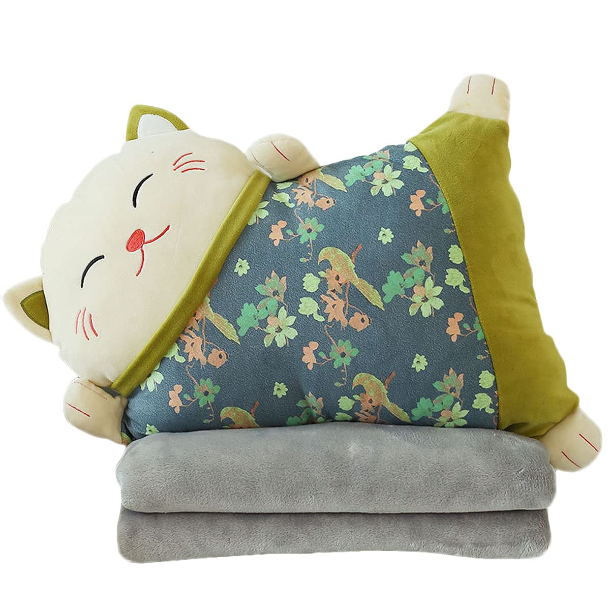 Quioee Lucky Cat Plush Travel Blanket & Pillow Set - Soft Maneki Neko Stuffed Animal with Removable Blanket (Green) | Perfect for Travel, Home Decor & Gifts