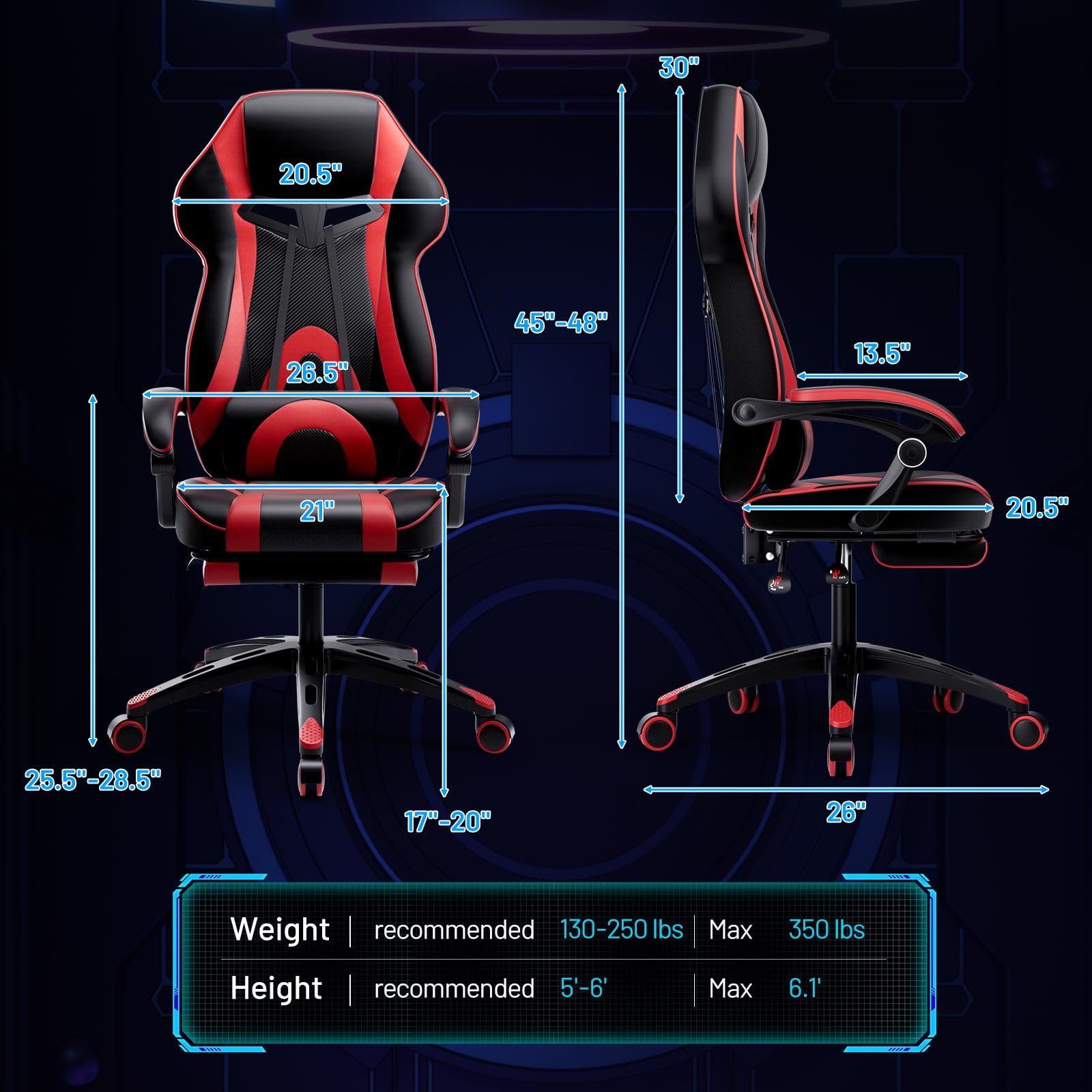 POWERSTONE Ergonomic Gaming Chair with Footrest - High Back Racing Style Office Computer Chair, Adjustable Reclining Swivel Gamer Chair for Adults & Teens (Red) - Perfect for Esports, Streaming & Home Office Workspace
