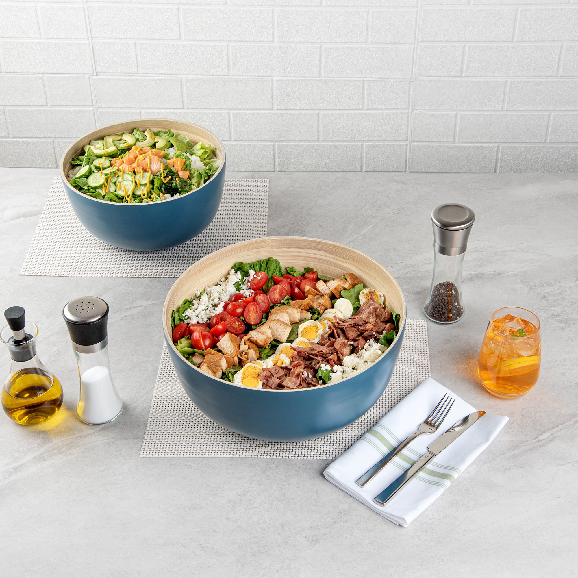 Bambuddha 51 oz Large Round Blue Bamboo Salad Bowl - 13.5